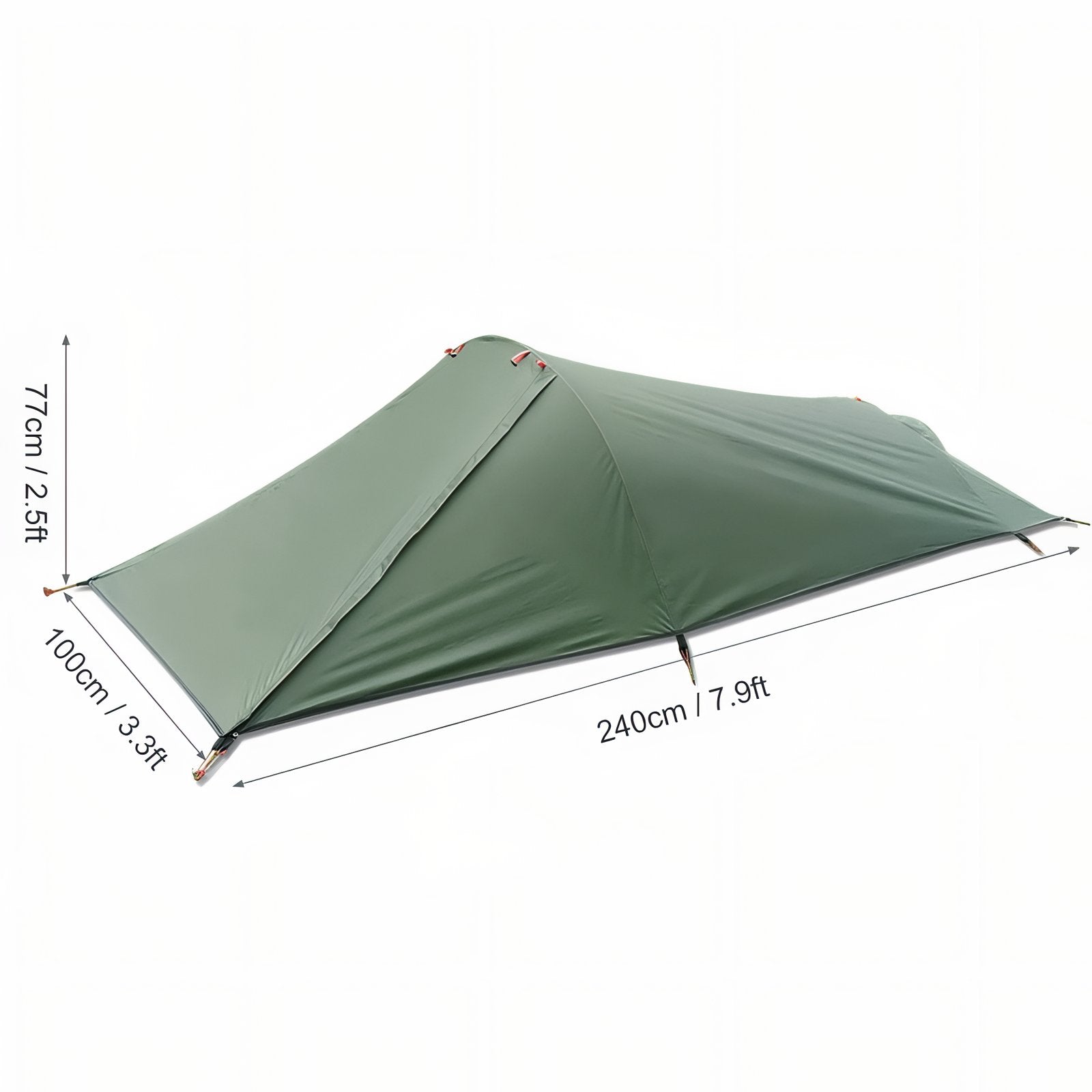 Tente Bivouac Légère 1 Personne guide des dimensions - Vert Olive - Beige Sable - Tapis de Sol