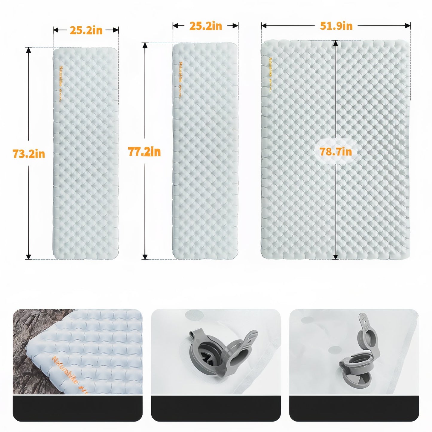 Matelas Gonflable Randonnée Ultra Léger guide des dimensions - Beige Sable - Blanc