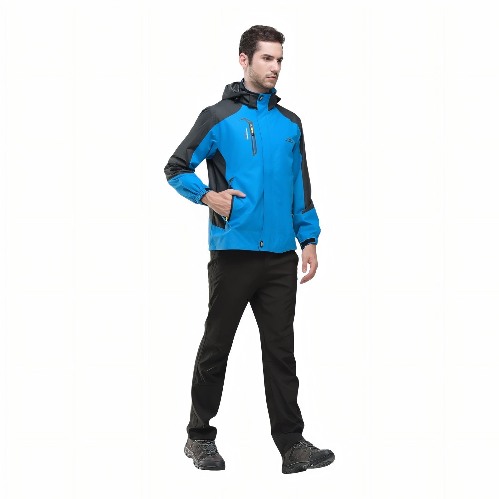 Veste Randonnée Imperméable Respirante Homme portée par un homme - Bleu Ciel et Noir - Rouge et Noir - Vert Olive et Noir - Bleu Marine et Noir - Noir et Jaune