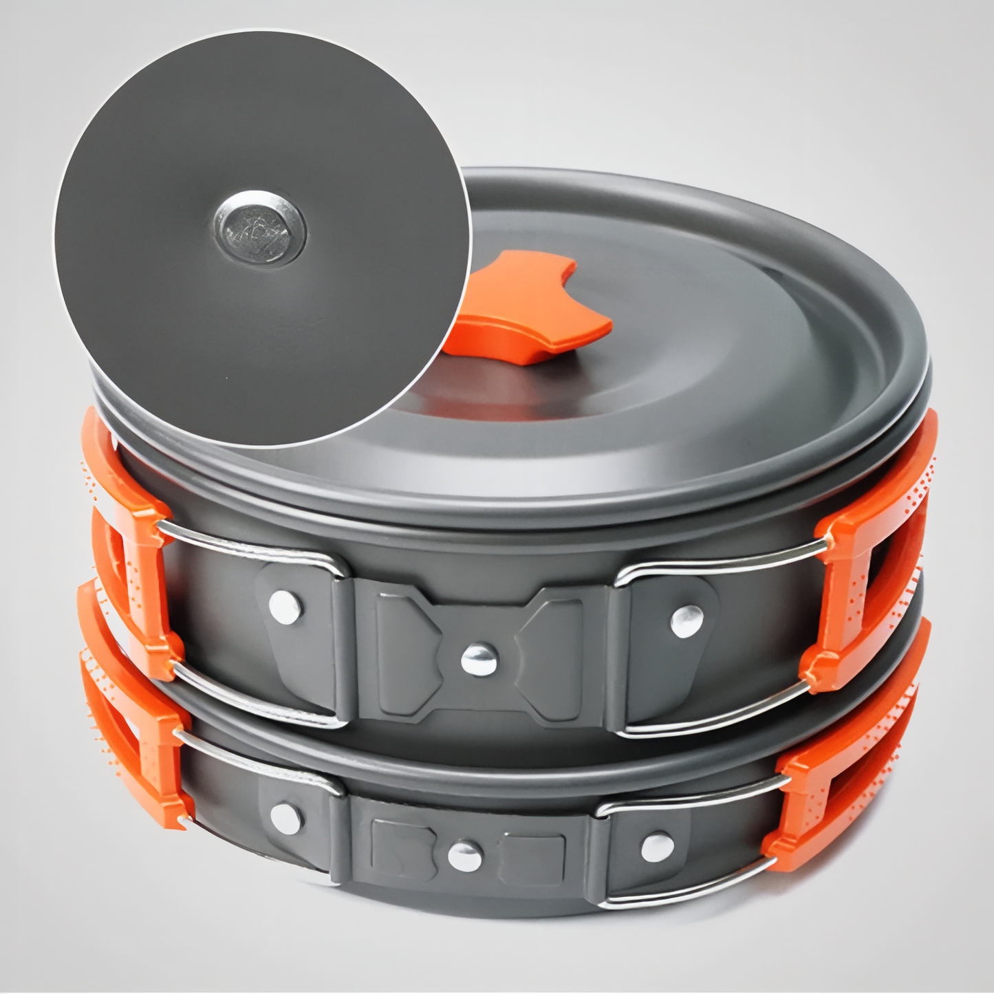 Popote Trek 2 Personnes gros plan couvercle - Noir et Orange - Gris et Vert Fluo