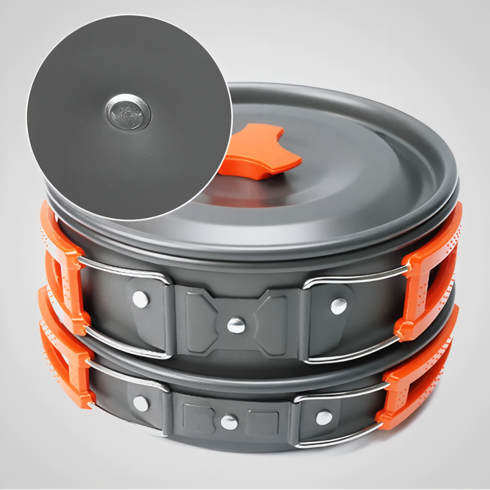 Popote Trek 2 Personnes gros plan couvercle - Noir et Orange - Gris et Vert Fluo