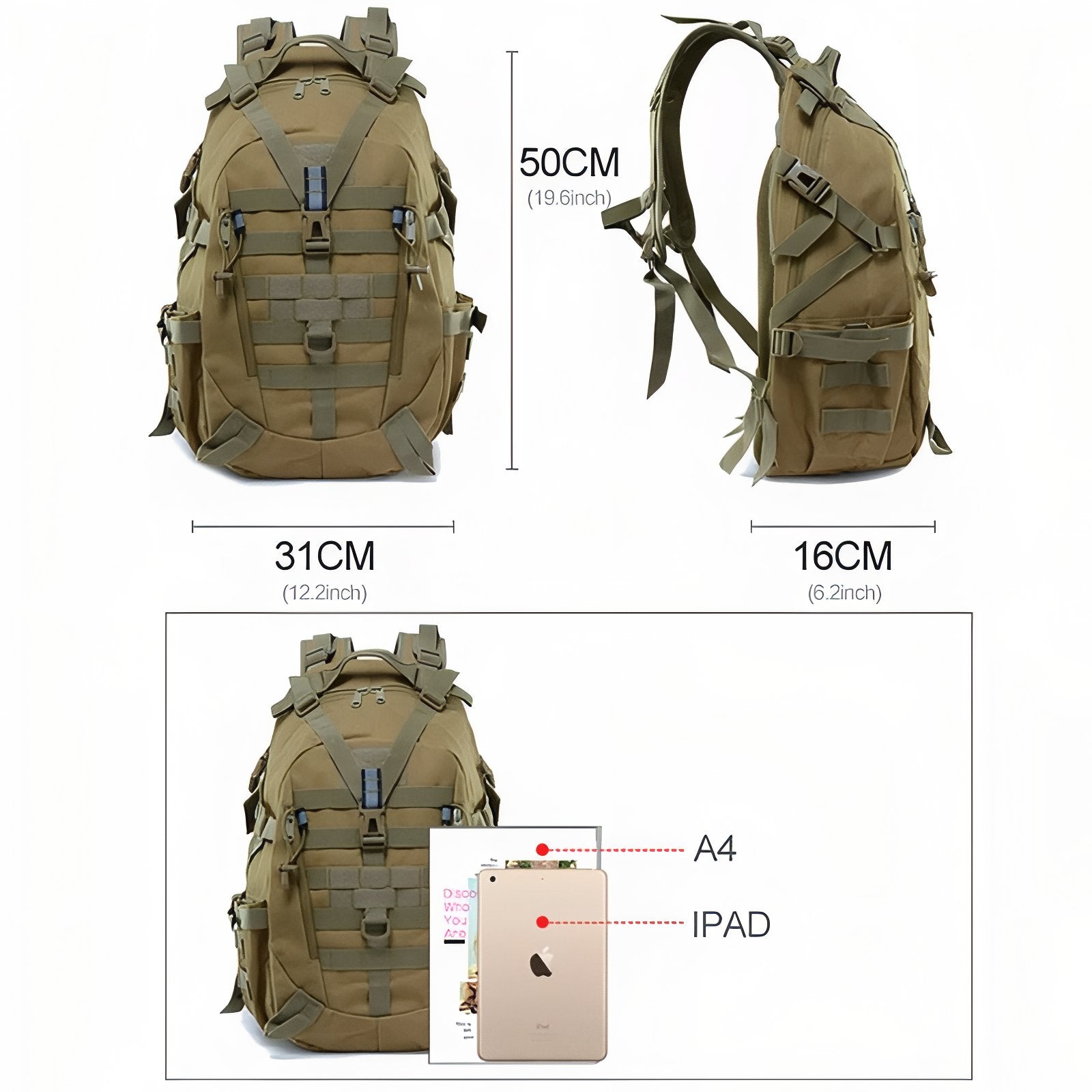 Sac à Dos Randonnée Militaire 40L guide des dimensions - Vert Clair Camouflage - Noir - Vert Olive - Gris Camouflage - Vert Camouflage - Beige Sable