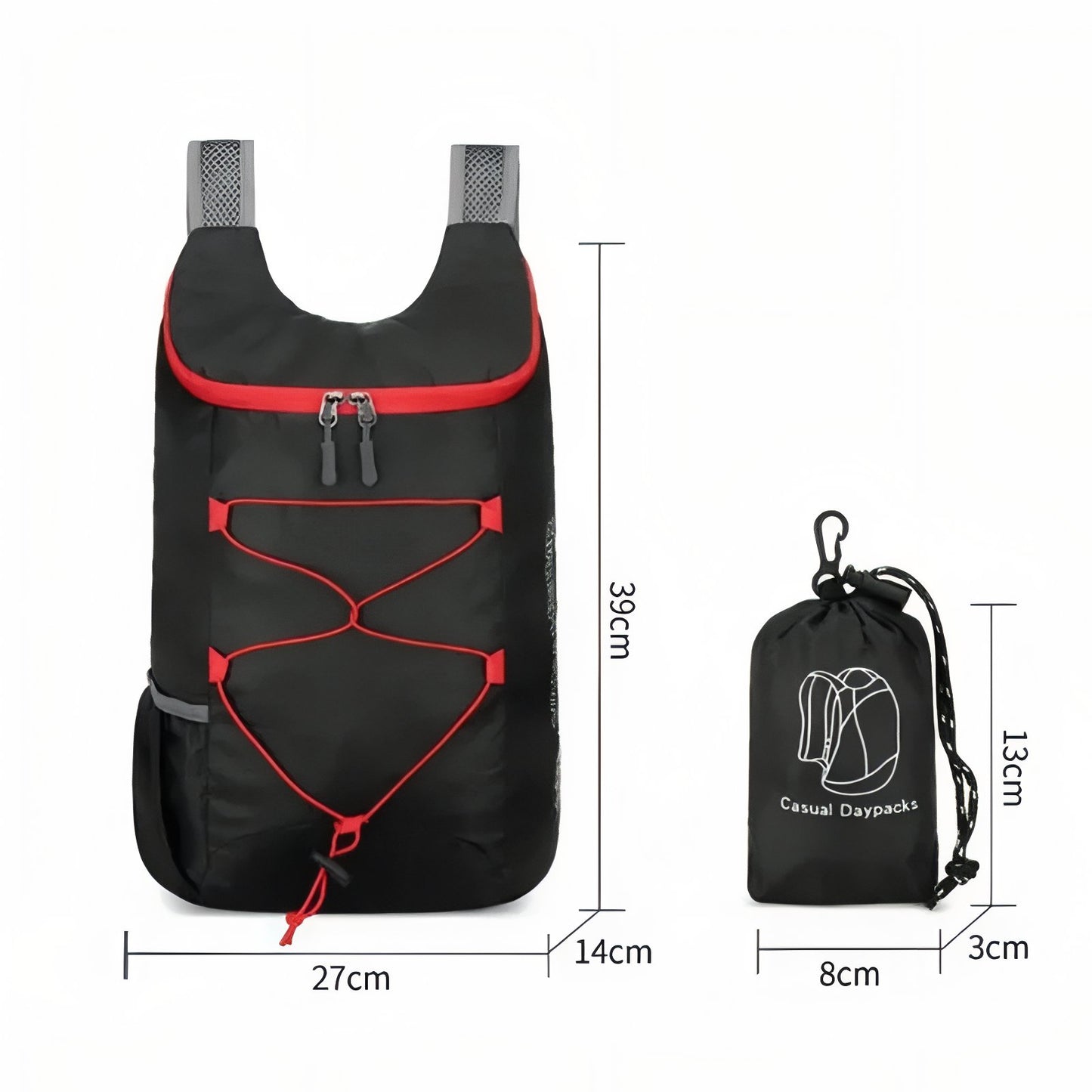 Sac à Dos Pliable Randonnée 20L guide des dimensions - Noir et Rouge - Bleu Marine et Orange - Gris et Bleu