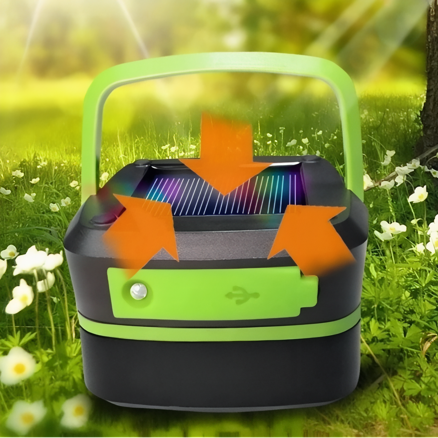 Lanterne Solaire Pliable mise en situation extérieure - Orange et Blanc - Vert Fluo et Noir