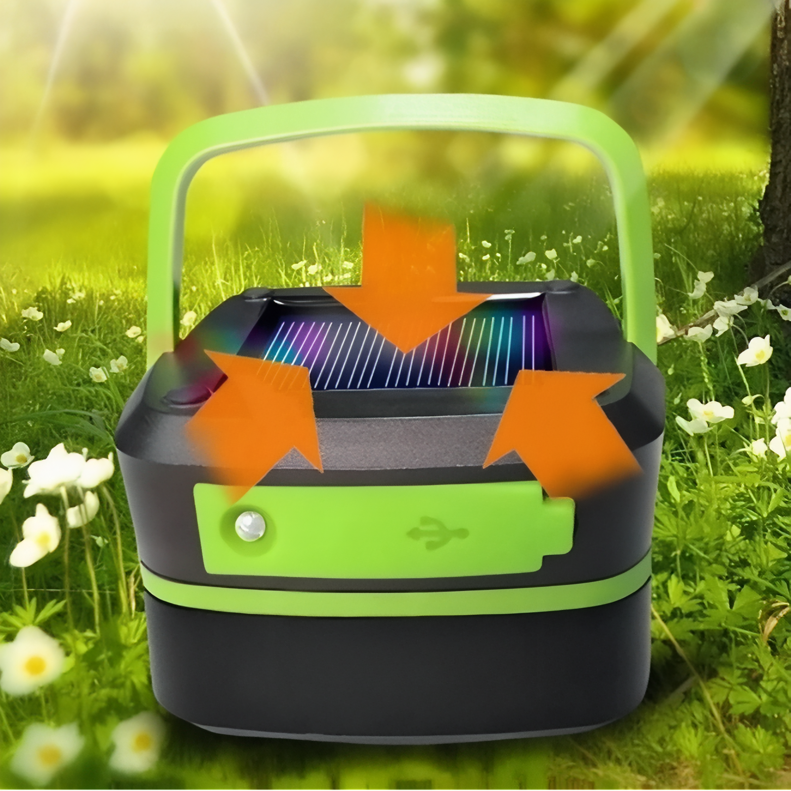 Lanterne Solaire Pliable mise en situation extérieure - Orange et Blanc - Vert Fluo et Noir