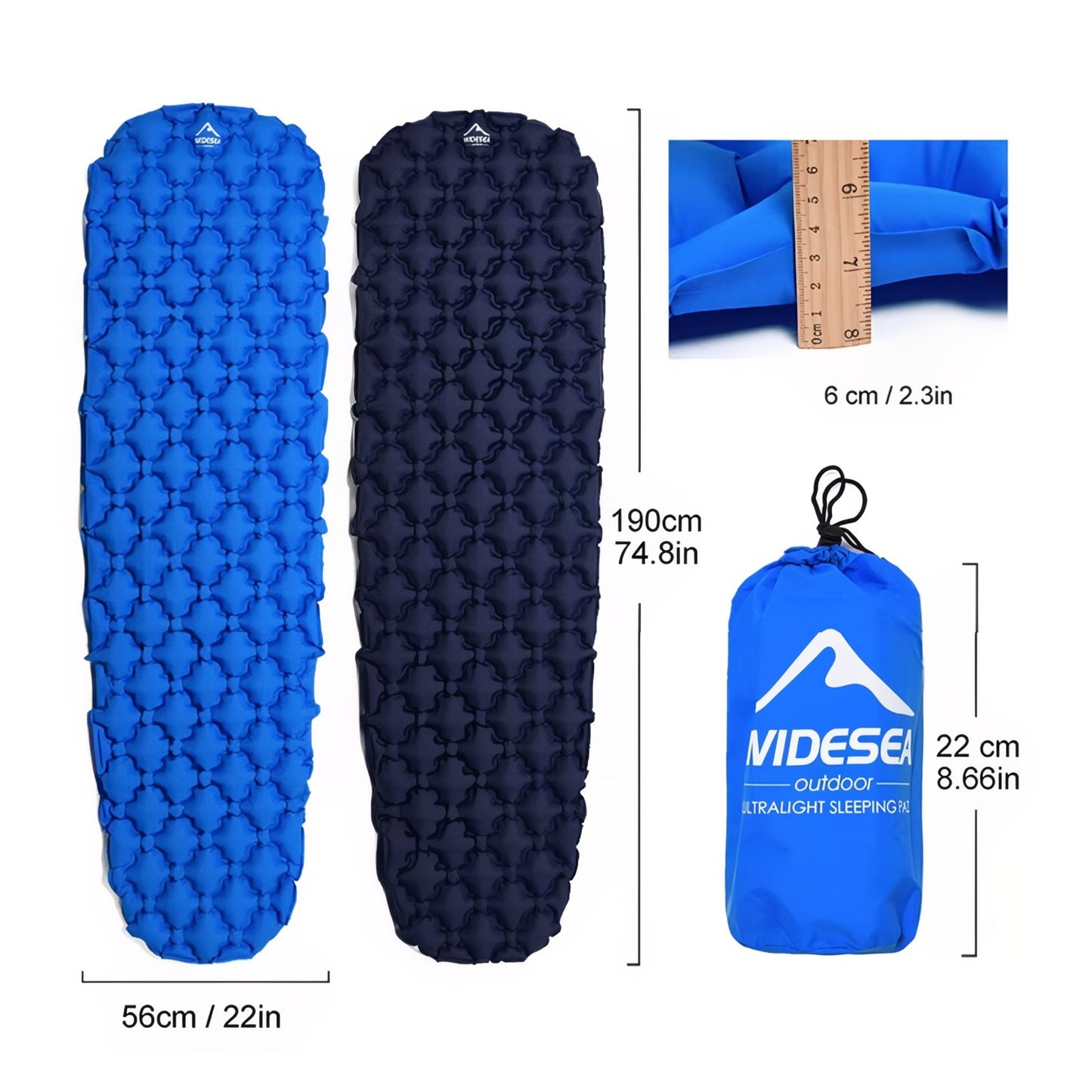 Matelas Gonflable 1 Personne Randonnée guide des dimensions - Bleu Ciel - Vert Foncé - Orange Fluo - Bleu Marine