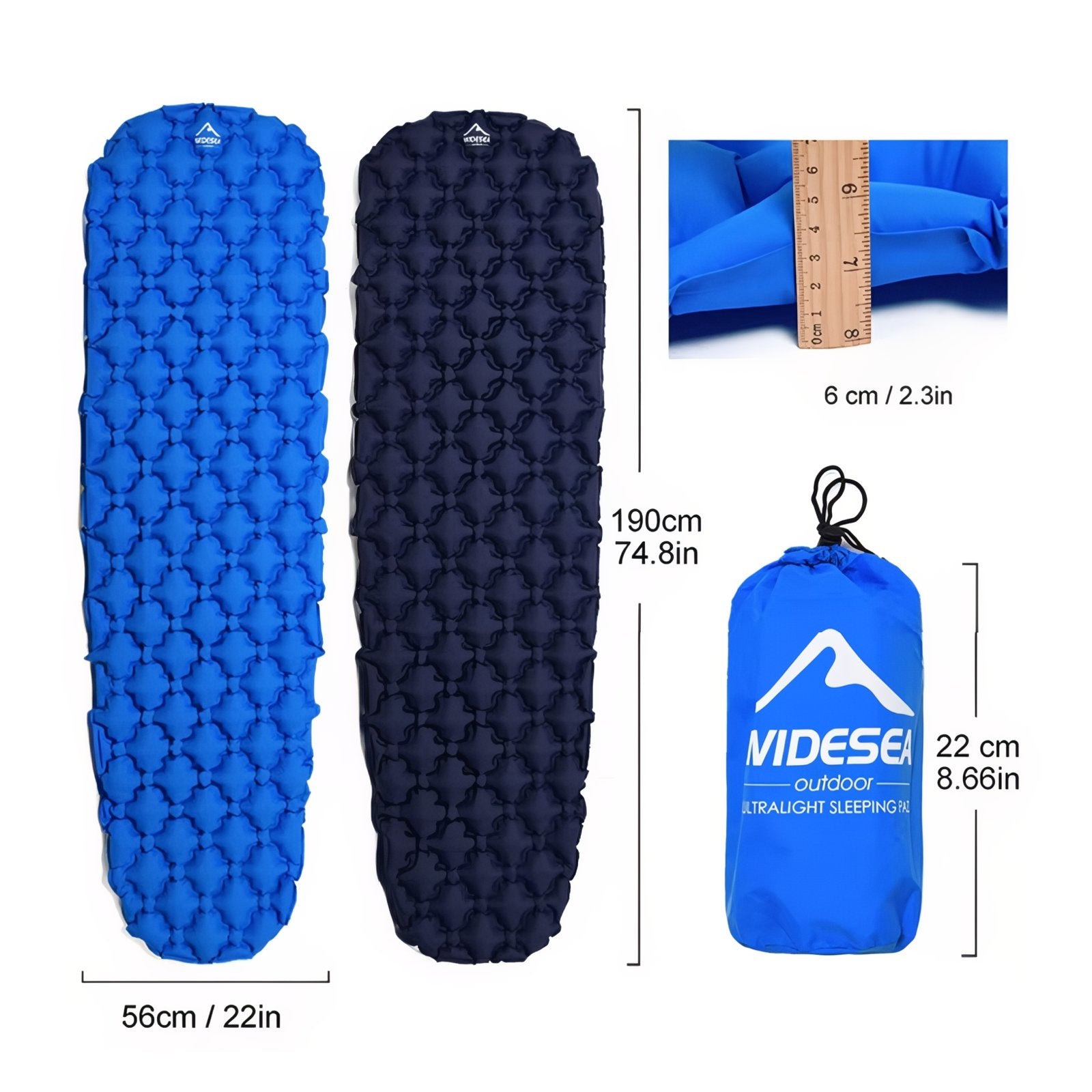 Matelas Gonflable 1 Personne Randonnée guide des dimensions - Bleu Ciel - Vert Foncé - Orange Fluo - Bleu Marine