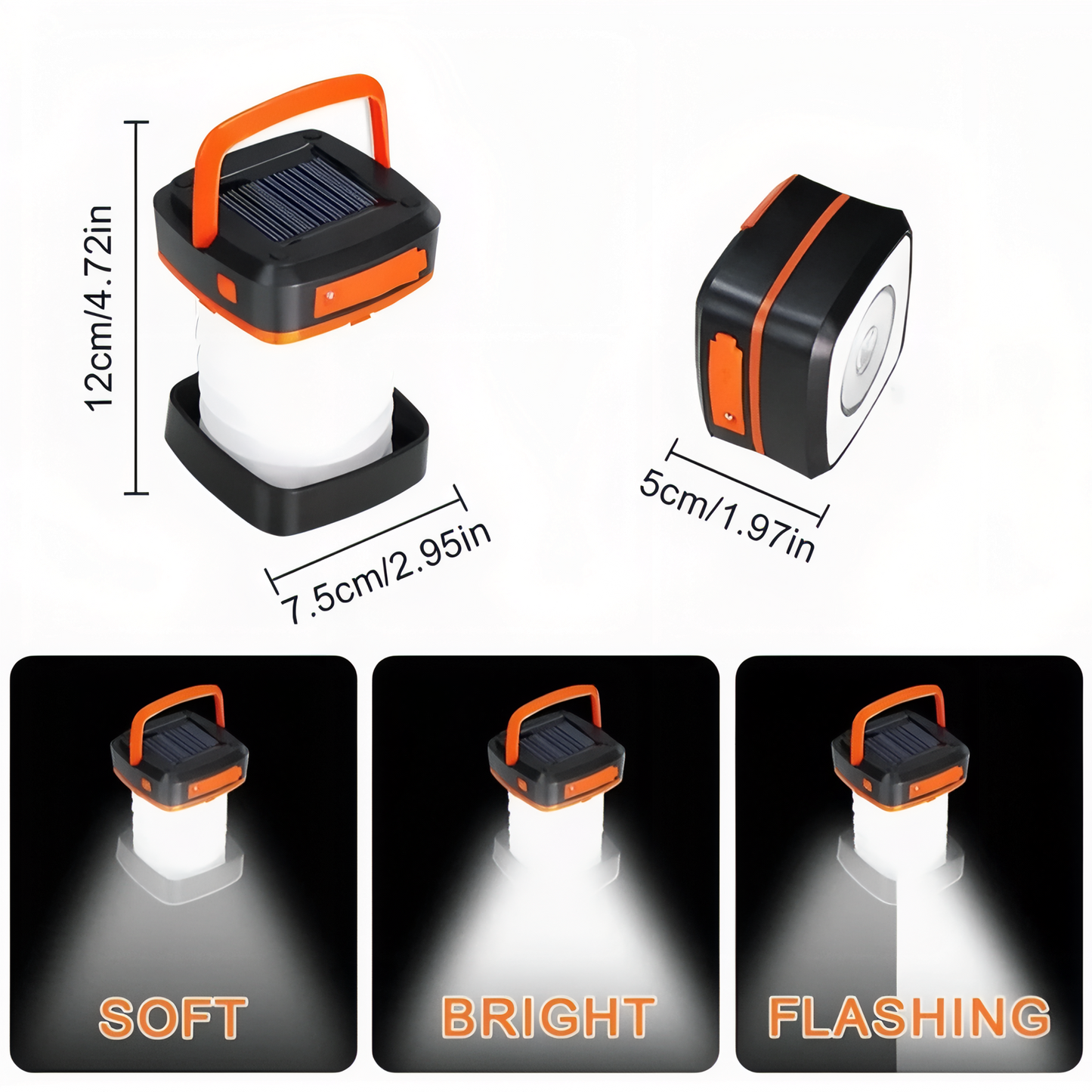 Lanterne Solaire Pliable guide des dimensions - Orange et Blanc - Vert Fluo et Noir