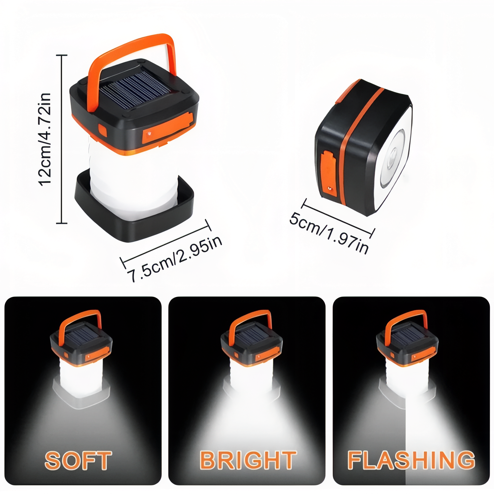 Lanterne Solaire Pliable guide des dimensions - Orange et Blanc - Vert Fluo et Noir
