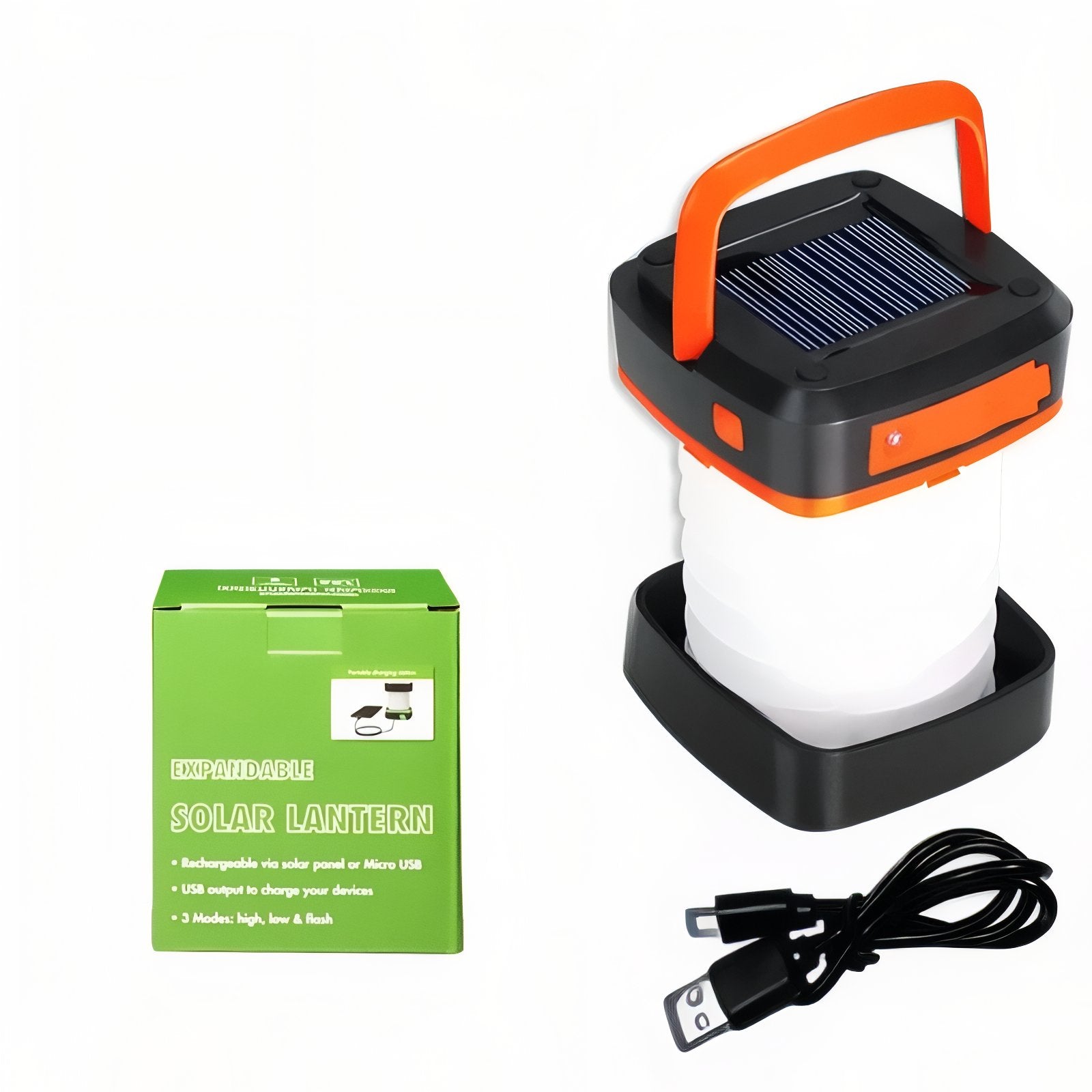 Lanterne Solaire Pliable produit avec emballage - Orange et Blanc - Vert Fluo et Noir