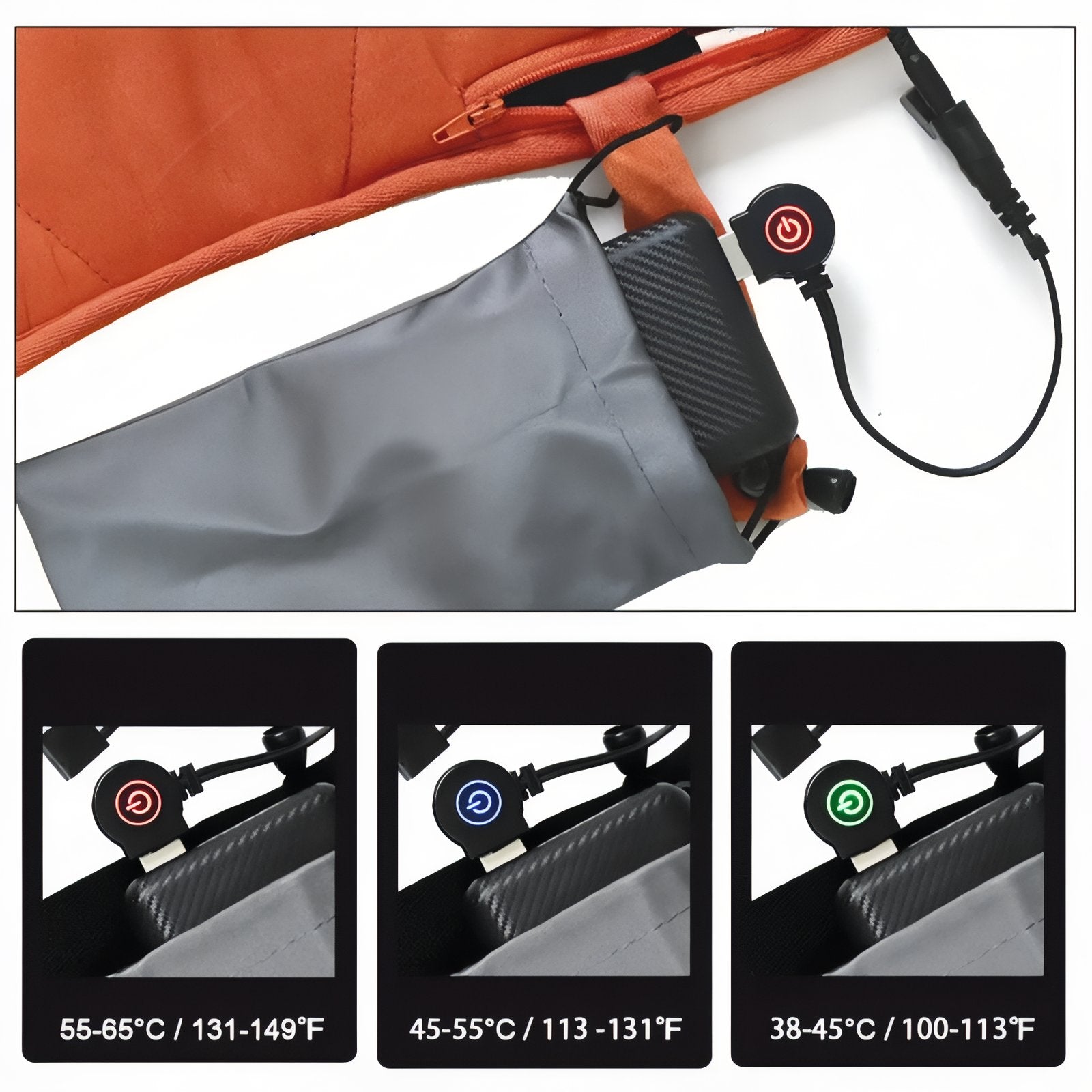 Tapis Chauffant Camping USB gros plan bouton de contrôle - Noir - Gris Anthracite - Orange Fluo