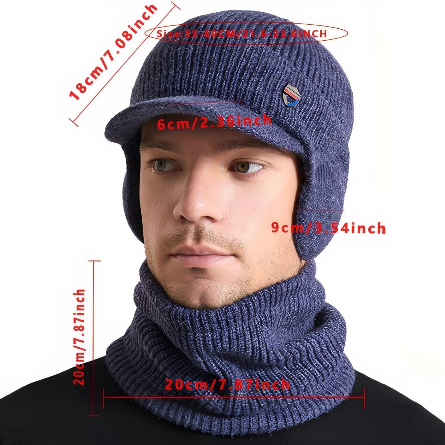 Casquette Cagoule Hiver Homme guide des dimensions - Noir Tâcheté - Bleu - Bleu Marine - Noir Uni - Gris Foncé - Gris Clair - Beige
