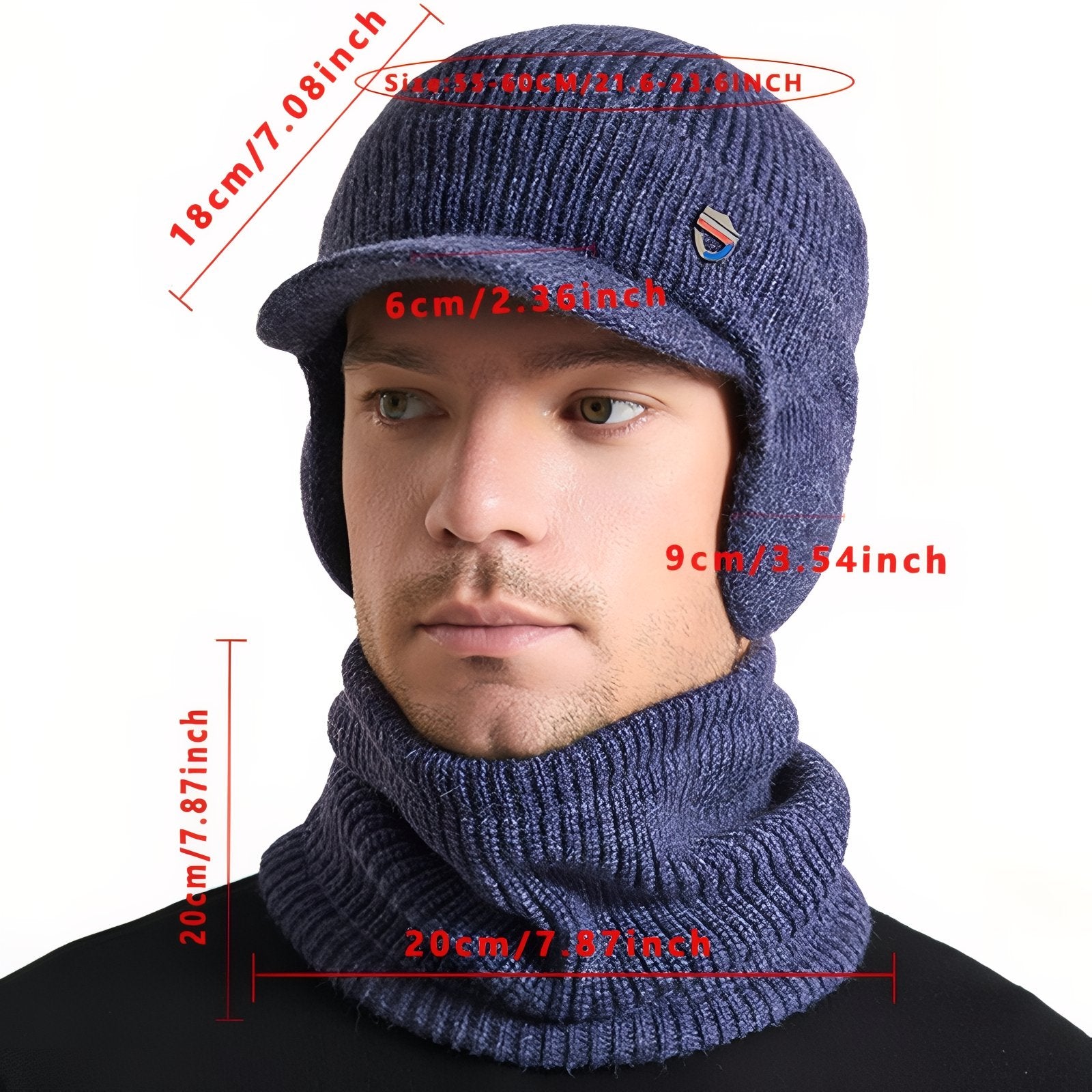 Casquette Cagoule Hiver Homme guide des dimensions - Noir Tâcheté - Bleu - Bleu Marine - Noir Uni - Gris Foncé - Gris Clair - Beige