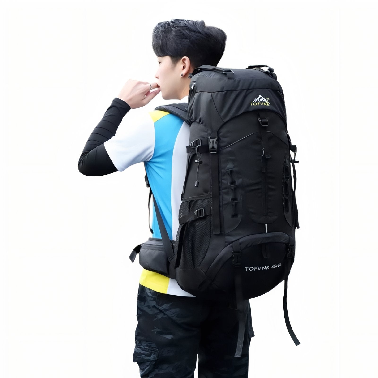 Sac à Dos Randonnée Homme 70L portée sur le dos - Noir Profond - Bleu Ciel - Bleu - Rouge Cerise - Orange et Noir - Bleu Marine