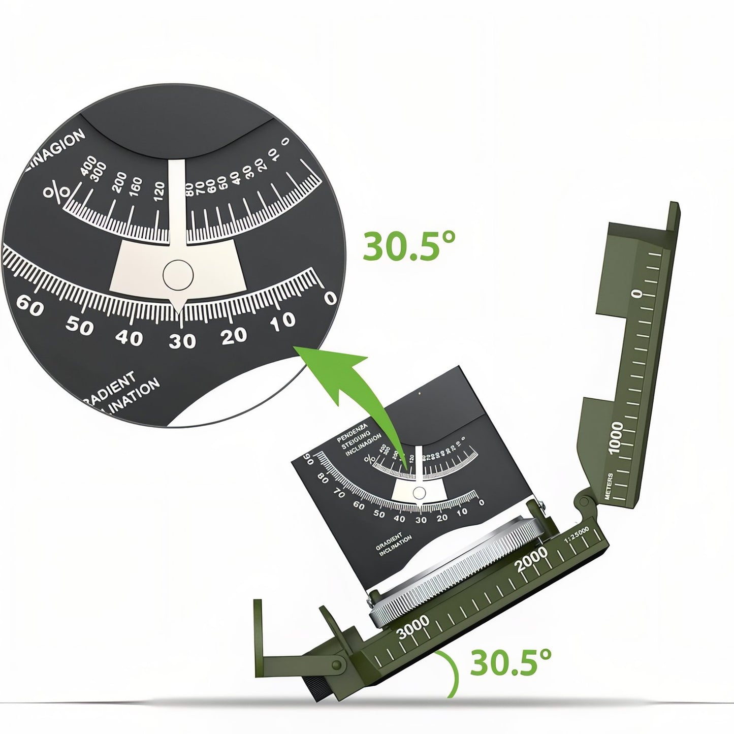 Boussole Multifonction avec Inclinomètre gros plan inclinomètre - Vert Militaire