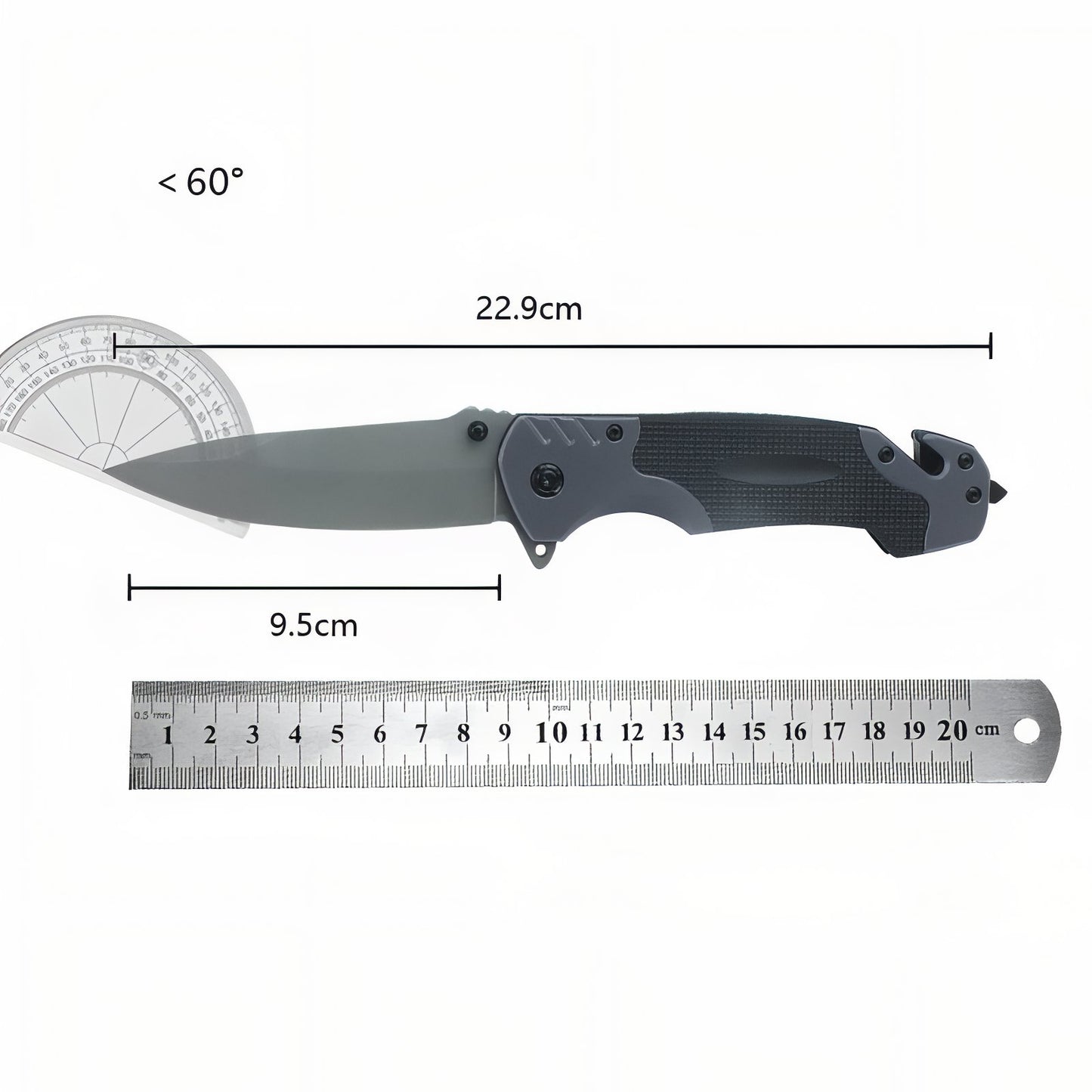 Couteau de Randonnée Pliant guide des dimensions - Noir et Gris
