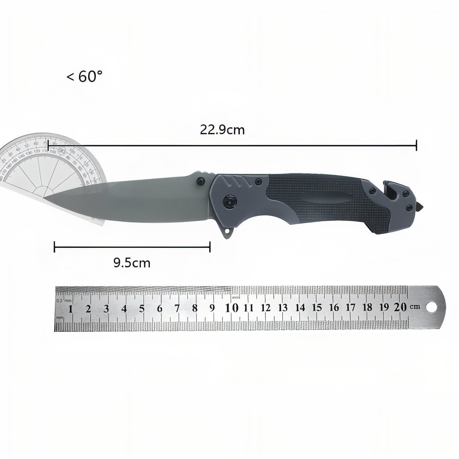 Couteau de Randonnée Pliant guide des dimensions - Noir et Gris