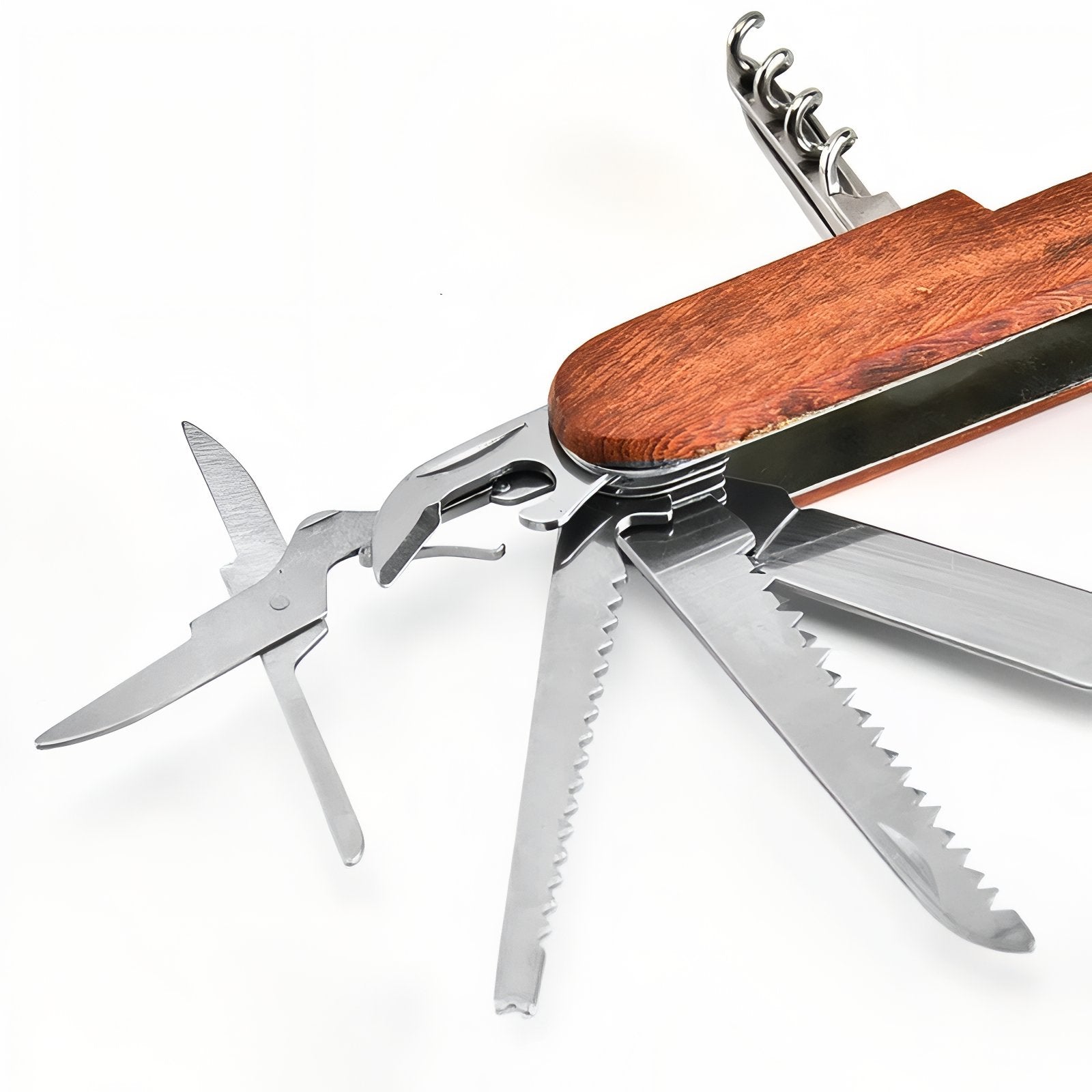 Couteau Suisse En Bois gros plan outils déployés - Bois - Gris