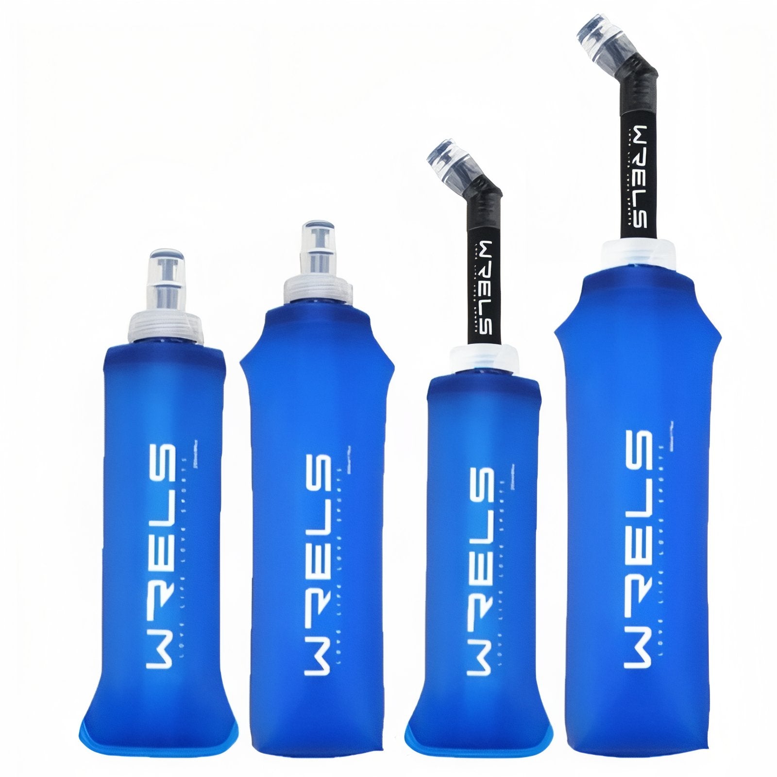 Gourde D'Eau Pliable quatre tailles alignées - 150ml - 250ml - 500ml - 250ml avec Paille - 500ml avec Paille