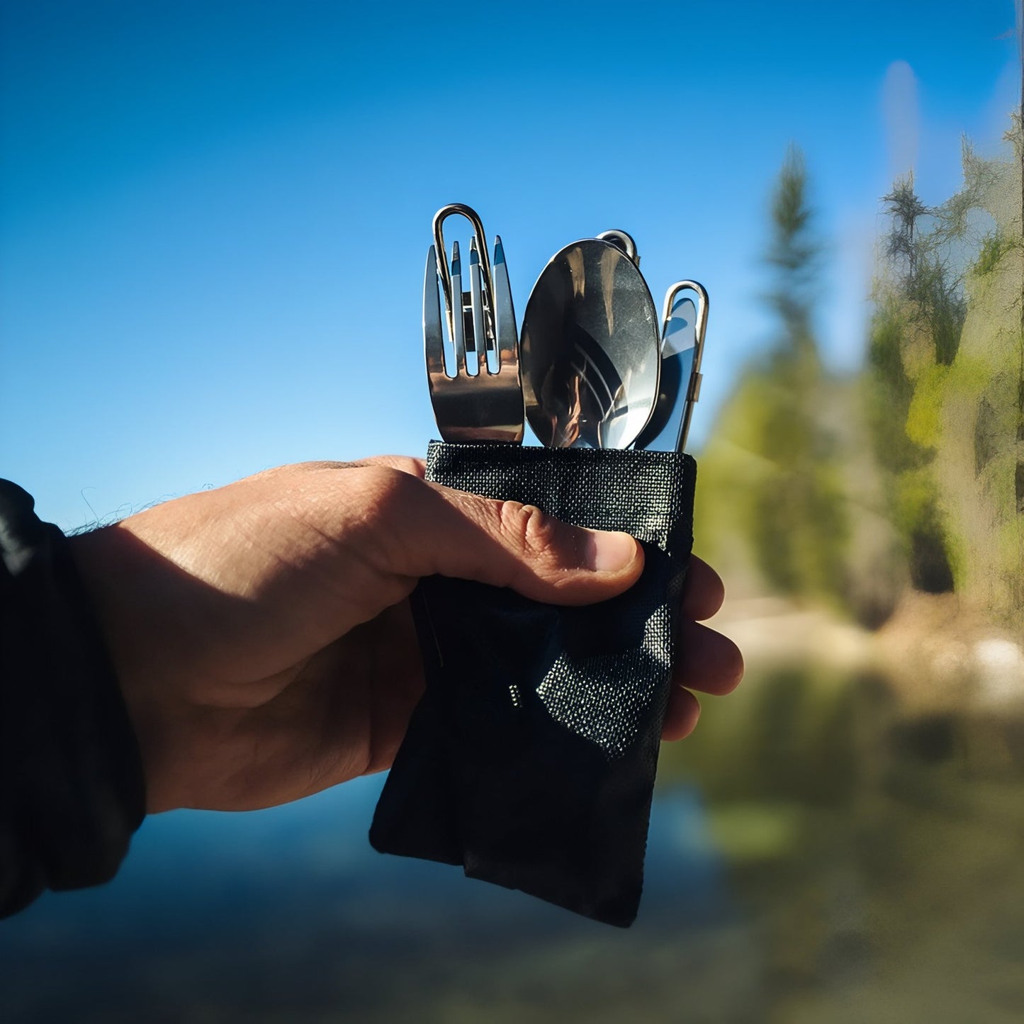 Couvert Pliant Camping portée à la main - Cuillère + Fourchette + Couteau