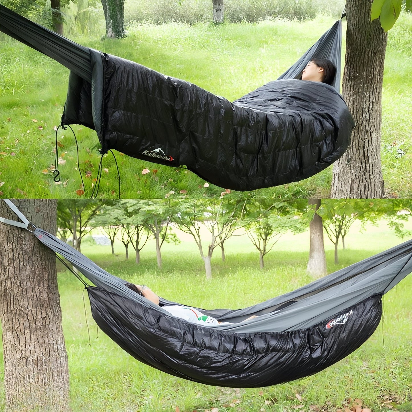 Sac De Couchage Hamac mise en situation extérieure - Vert Émeraude - Noir et Gris