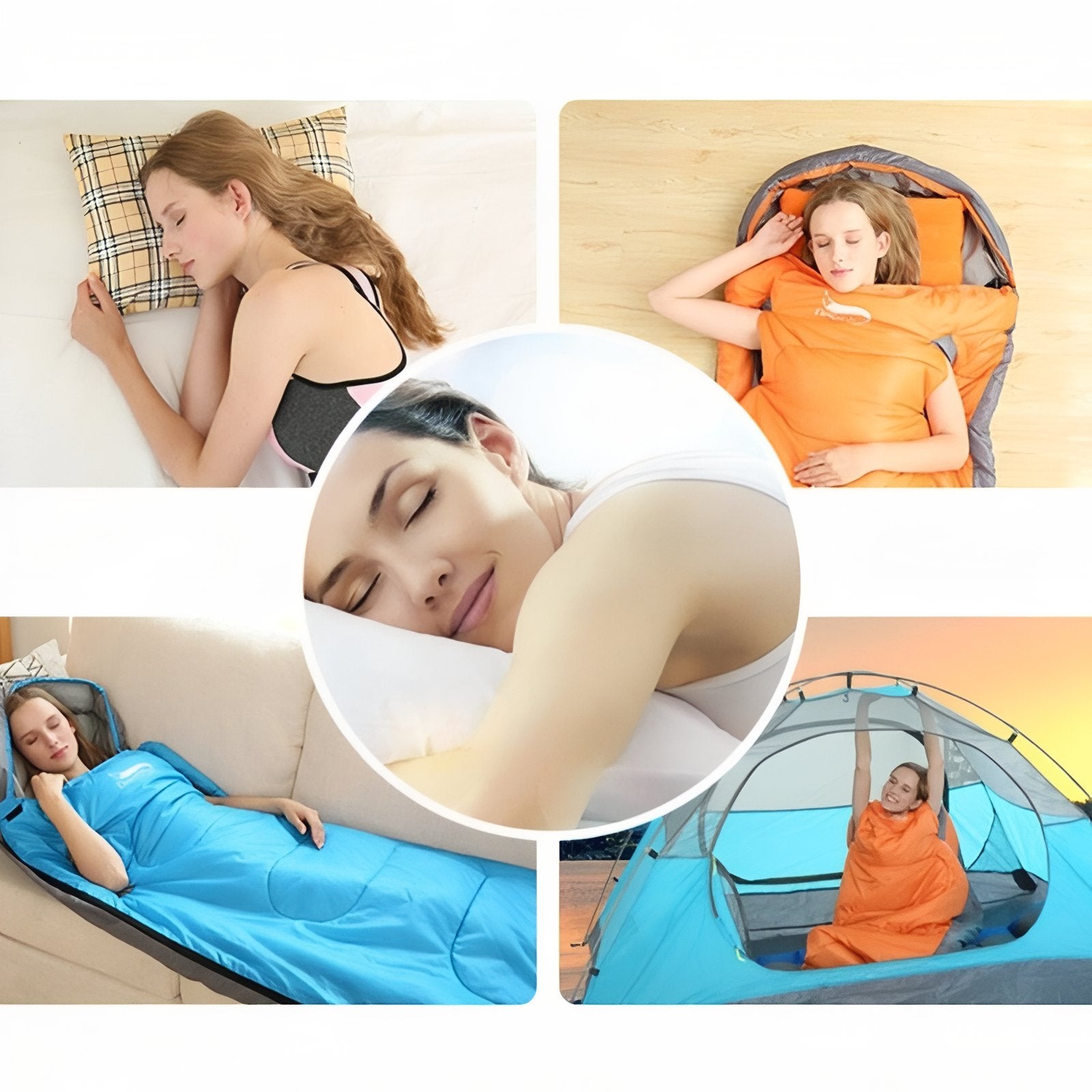 Oreiller Camping Compressible mise en situation - Vert - Rose - Bleu