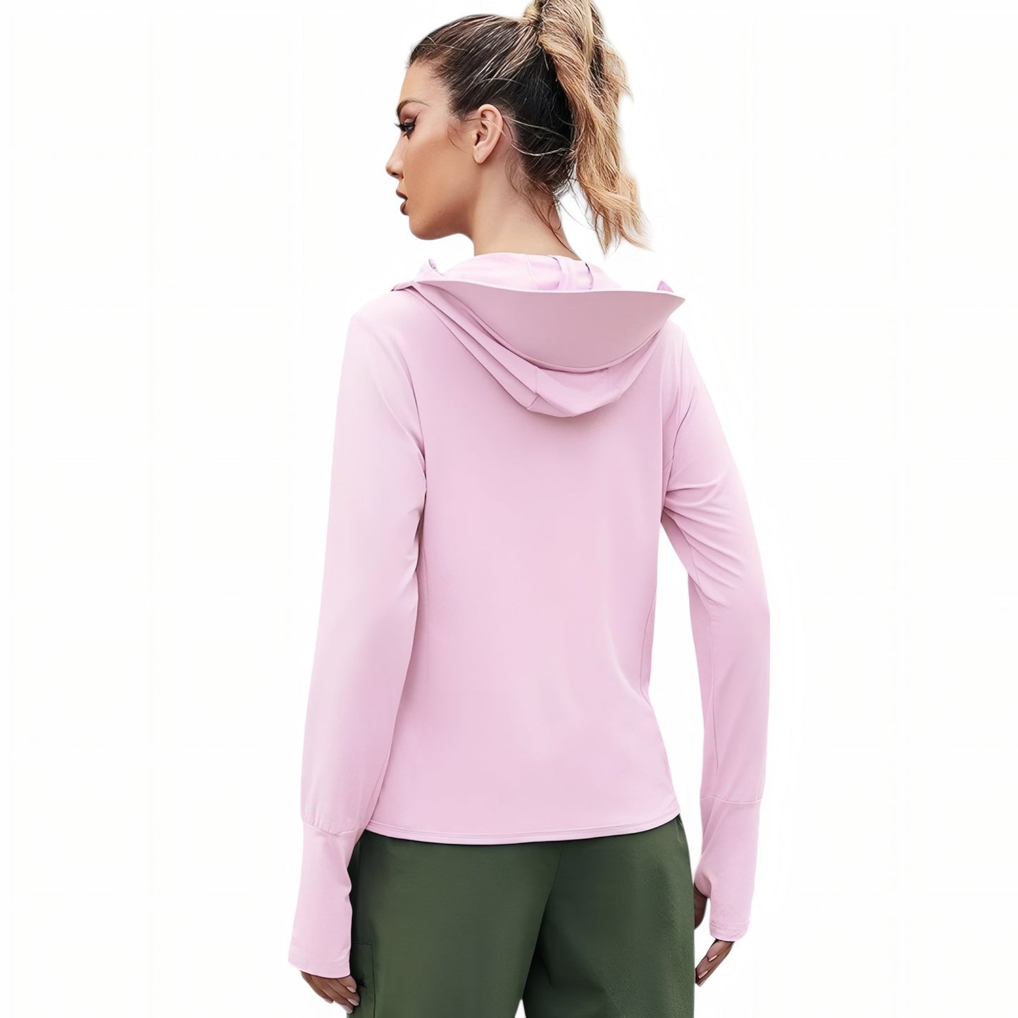 Veste Capuche Légère Randonnée Femme UPF 50+ vue arrière portée - Rose - Bleu Pâle - Violet - Gris - Blanc