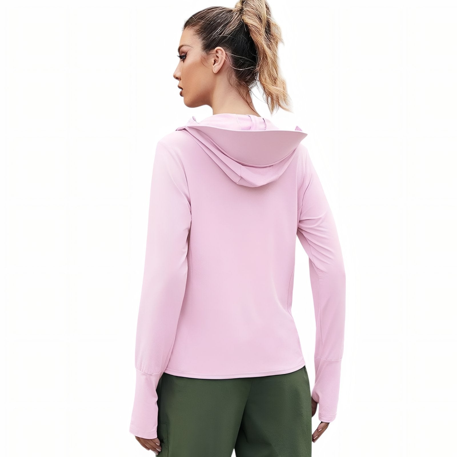 Veste Capuche Légère Randonnée Femme UPF 50+ vue arrière portée - Rose - Bleu Pâle - Violet - Gris - Blanc