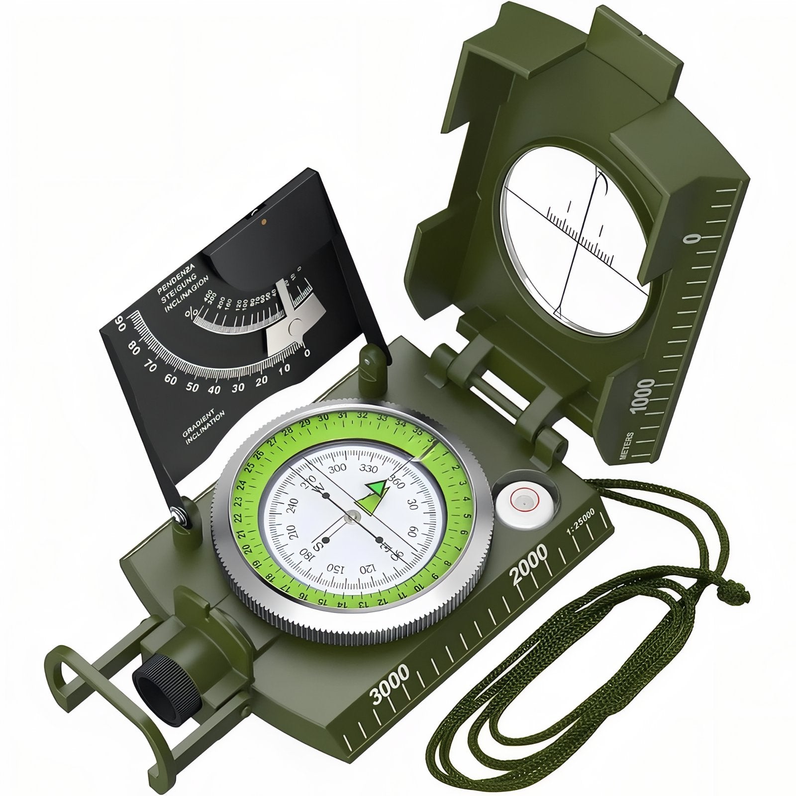 Boussole Multifonction avec Inclinomètre angle ouvert - Vert Militaire