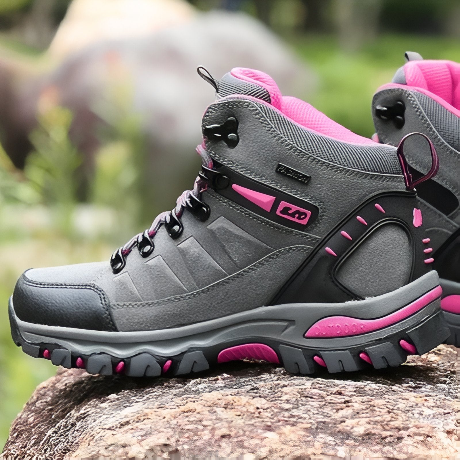 Chaussure Haute Randonnée Femme gros plan sur la chaussure - Vert Fluo et Violet - Noir et Fuchsia - Gris et Fuchsia