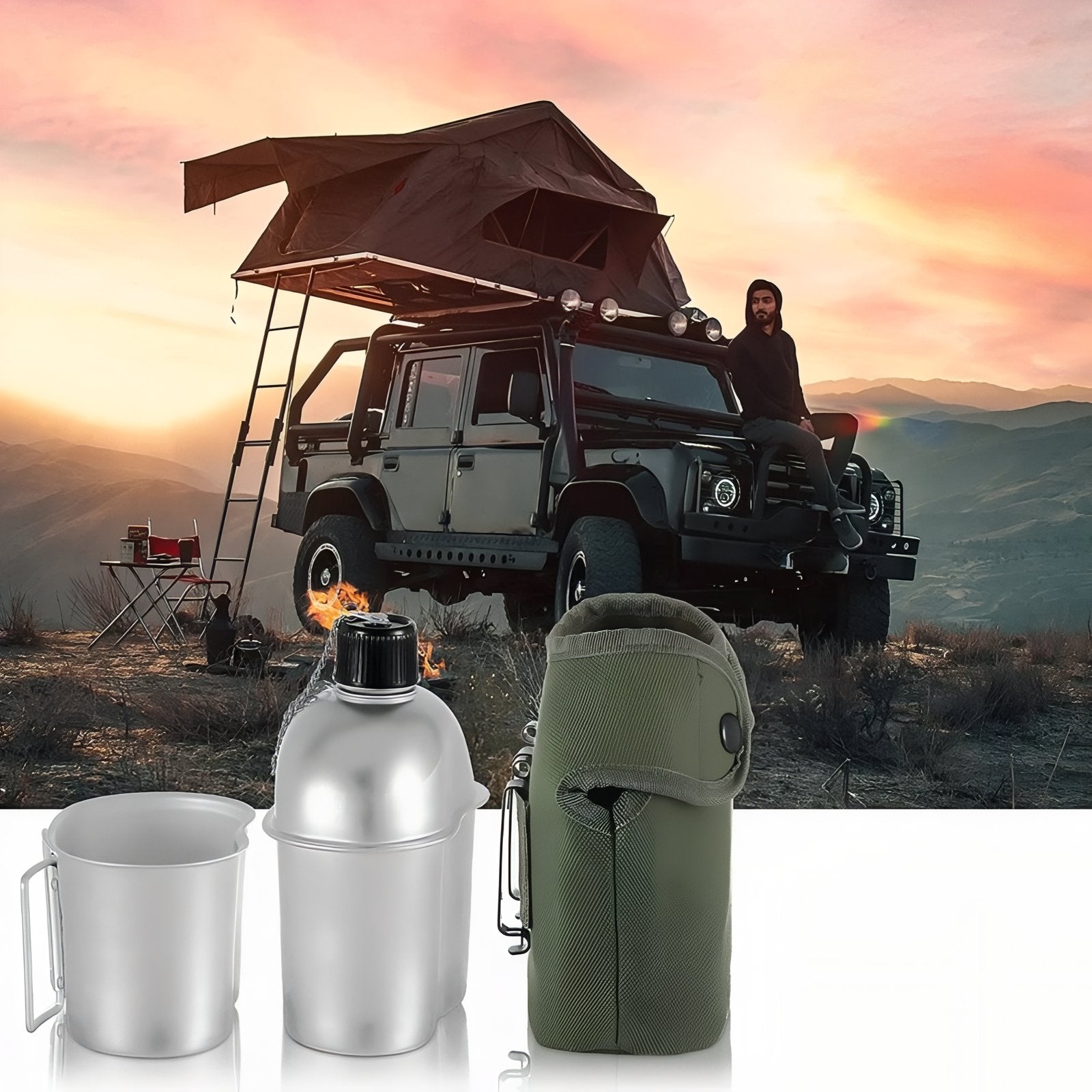 Kit Gourde Randonnée Aluminium mise en situation extérieure - Gourde + Tasse + Housse