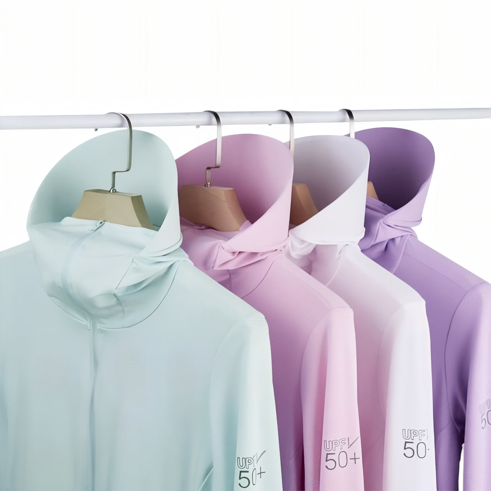 Veste Capuche Légère Randonnée Femme UPF 50+ quatre tailles alignées - Rose - Bleu Pâle - Violet - Gris - Blanc
