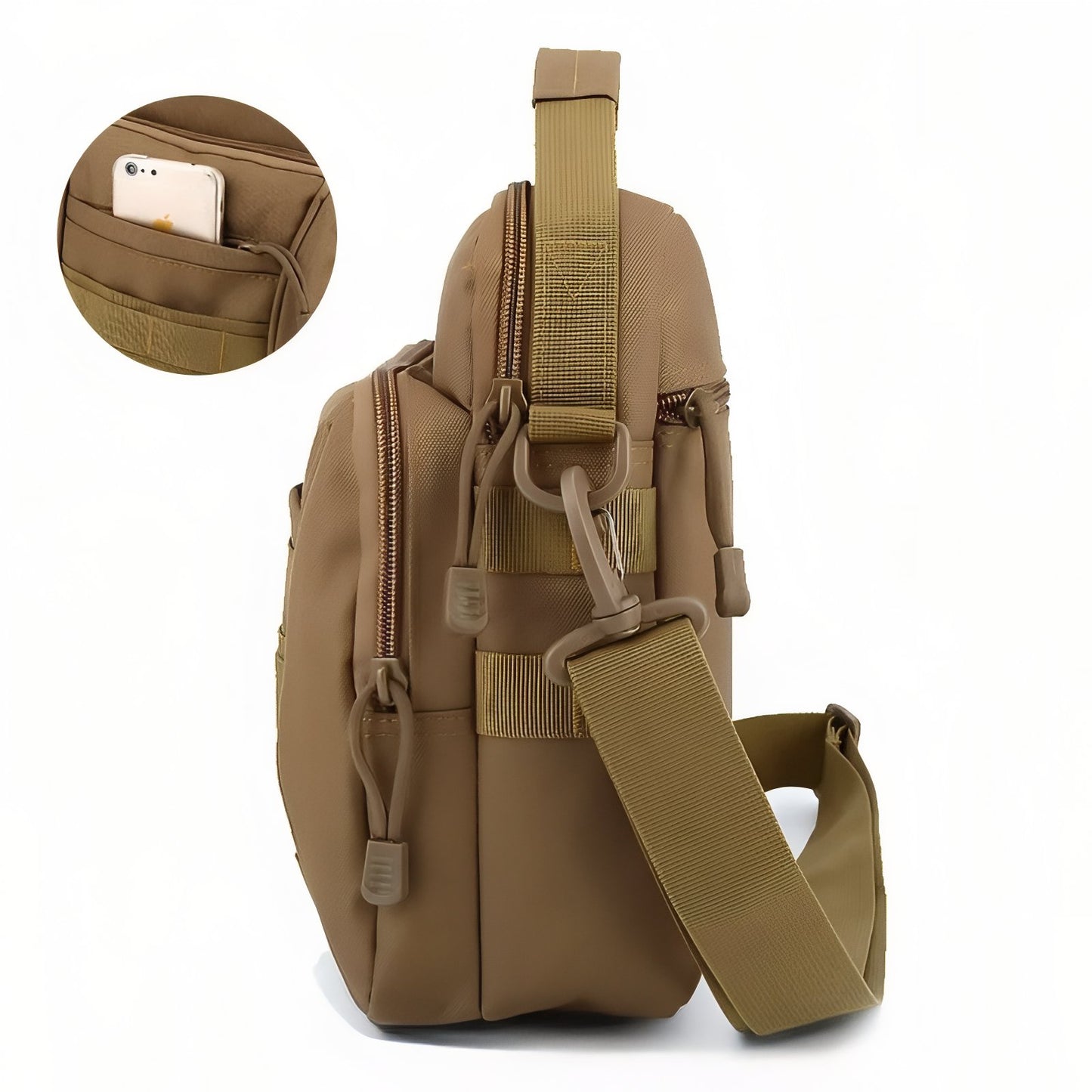 Sac Bandoulière Randonnée gros plan poche téléphone - Marron Foncé - Vert Olive - Noir Mat