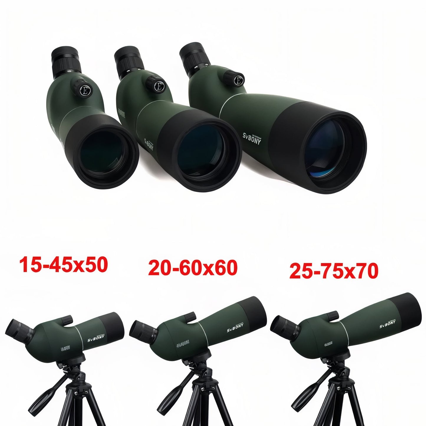 Longue Vue Randonnée trois tailles alignées - Noir 25-75x70 - Noir 25-75x70 avec Adaptateur - Vert 20-60X80 - Vert 20-60X80 avec Adaptateur - Vert 20-60X60 - Vert 20-60X60 avec Adaptateur - Vert 25-75x70 - Vert 25-75x70 avec Adaptateur - Vert 15-45X50
