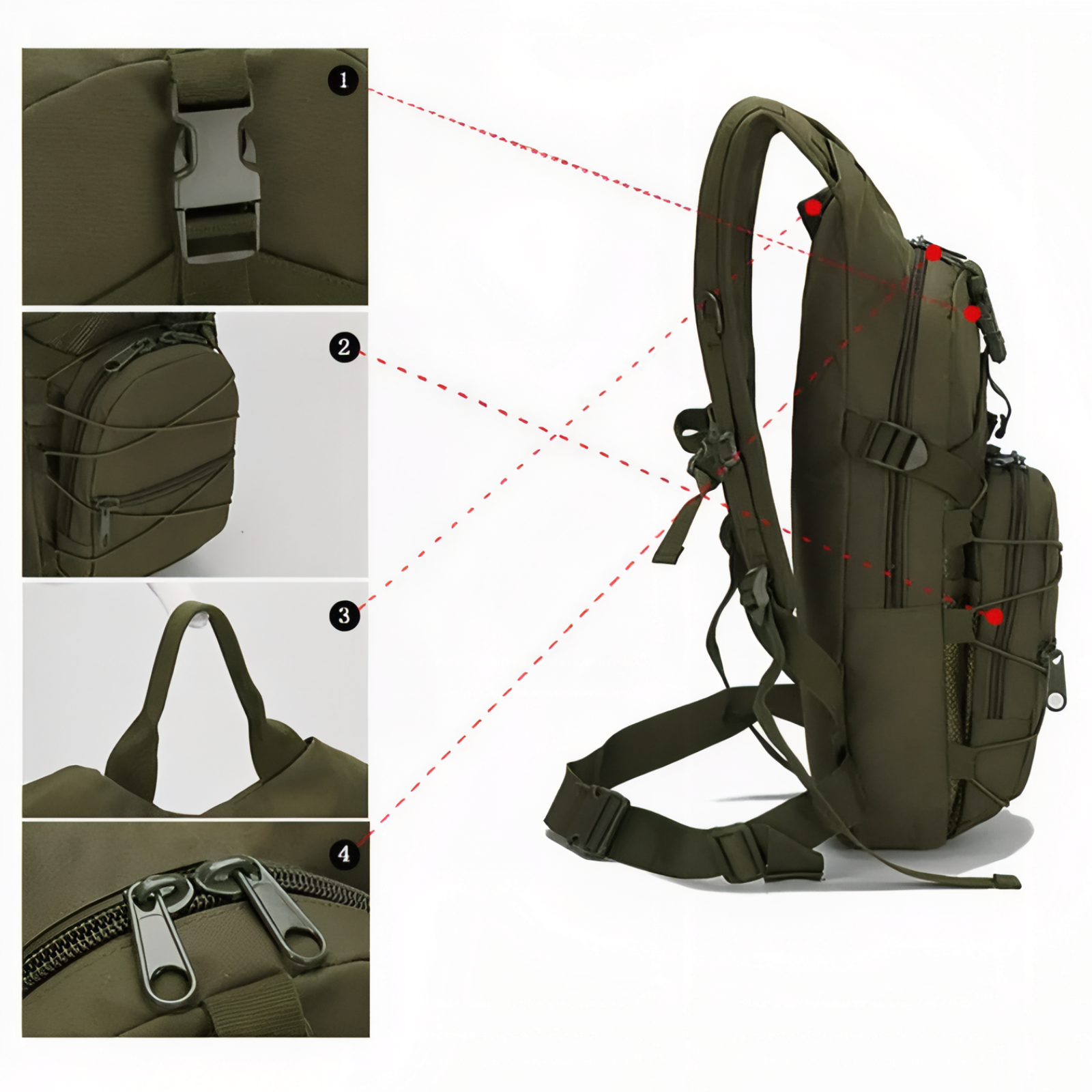 Sac à Dos Militaire 25 Litres détails des sangles - Vert Olive - Vert Camouflage - Gris Camouflage - Olive Camouflage - Noir