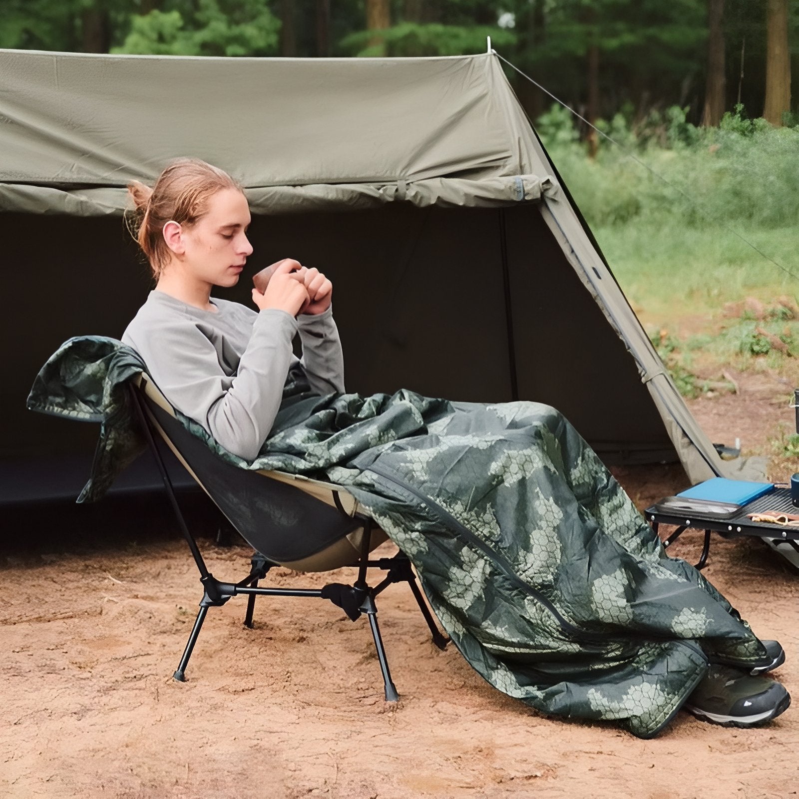 Sac De Couchage Camouflage Ultra Léger mise en situation camping - 190x75cm - 480g - 205x85cm - 560g