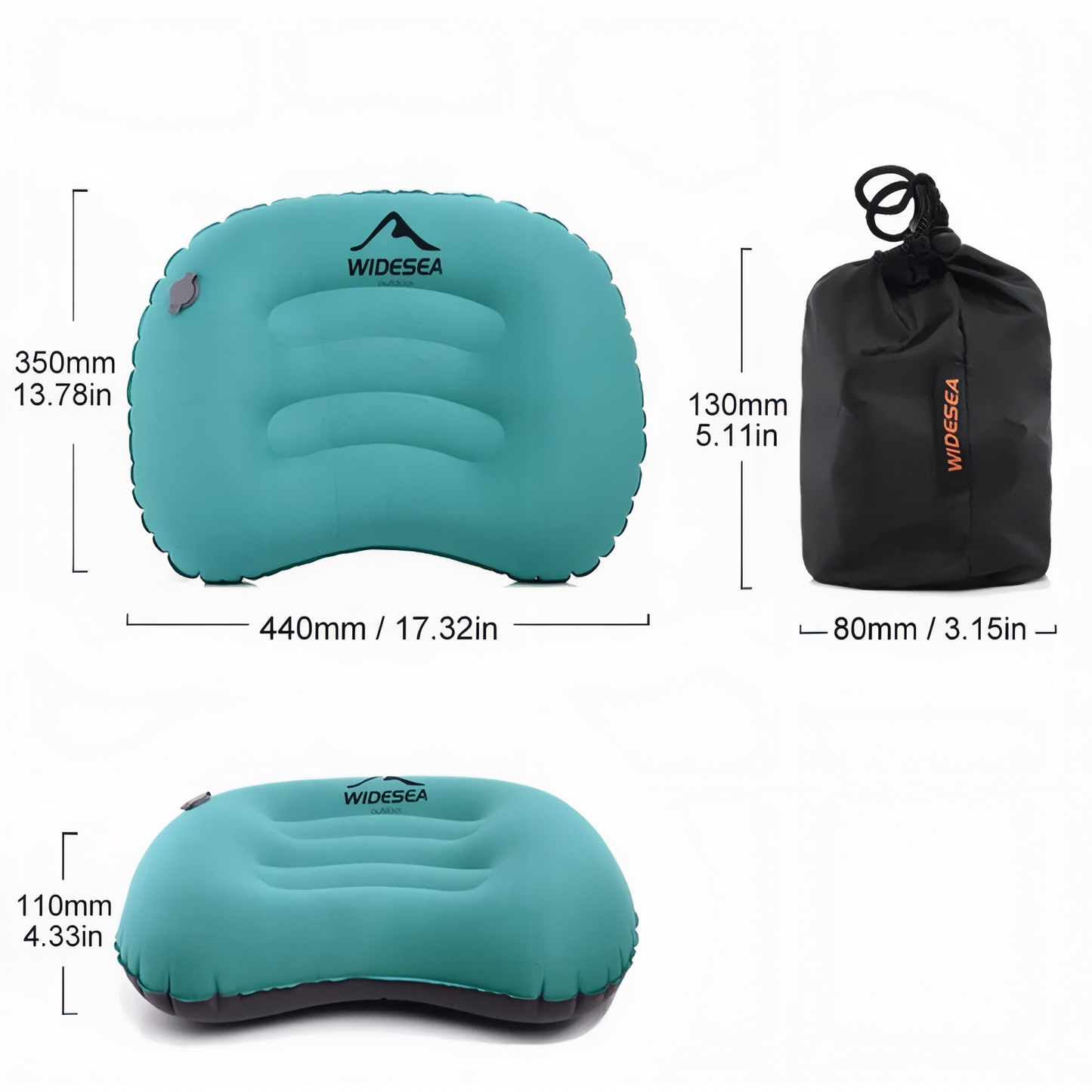 Coussin Camping Gonflable guide des dimensions - Turquoise et Noir