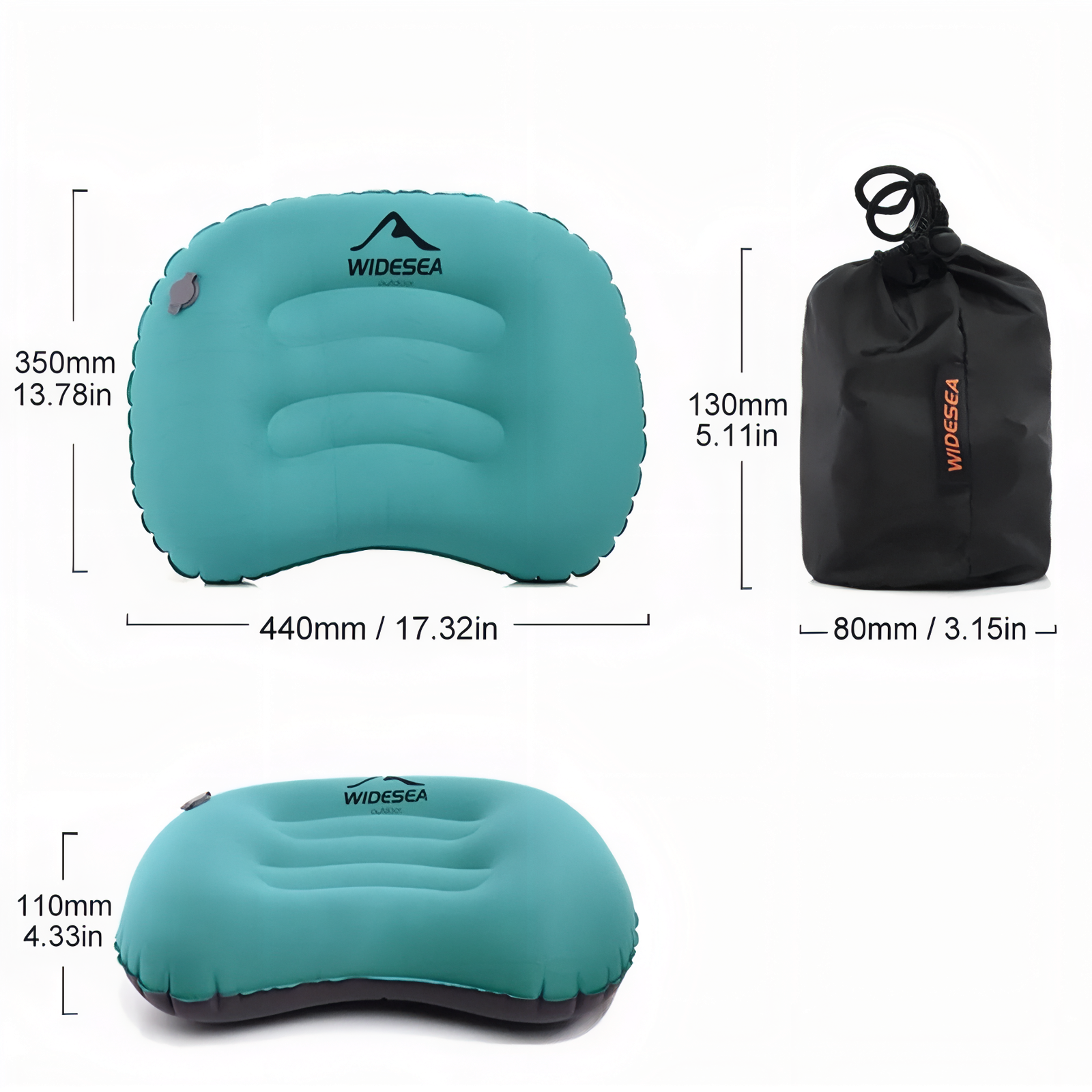 Coussin Camping Gonflable guide des dimensions - Turquoise et Noir
