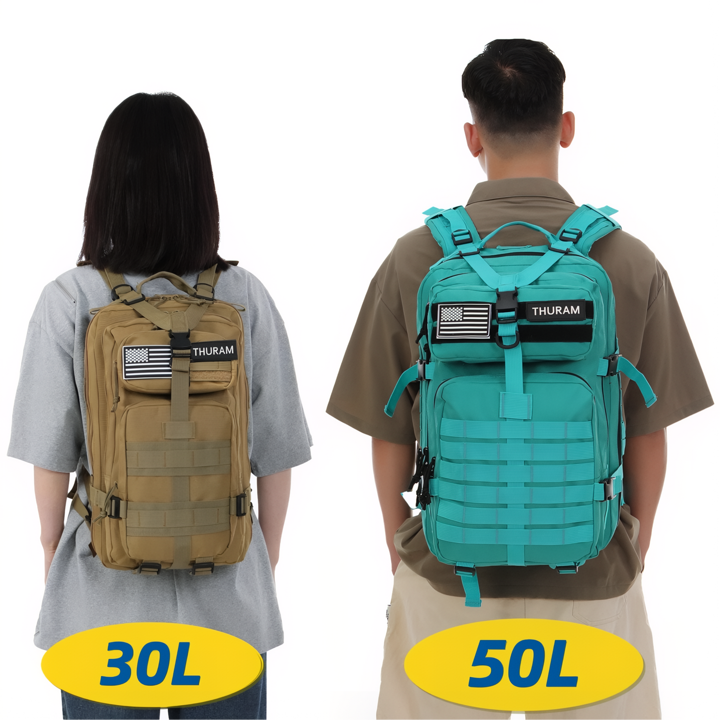 Sac à Dos Militaire Imperméable 30L/50L deux tailles portées - Noir Camouflage (50L) - Noir Camouflage (30L) - Vert Olive (50L) - Vert Olive (30L) - Bleu Marine (50L) - Rose (50L) - Beige (50L) - Beige (30L) - Vert Camouflage (50L) - Vert Camouflage (30L) - Noir (50L) - Noir (30L) - Gris Camouflage (50L) - Gris Camouflage (30L) - Turquoise (50L) - Rouge (50L) - Blanc (50L)