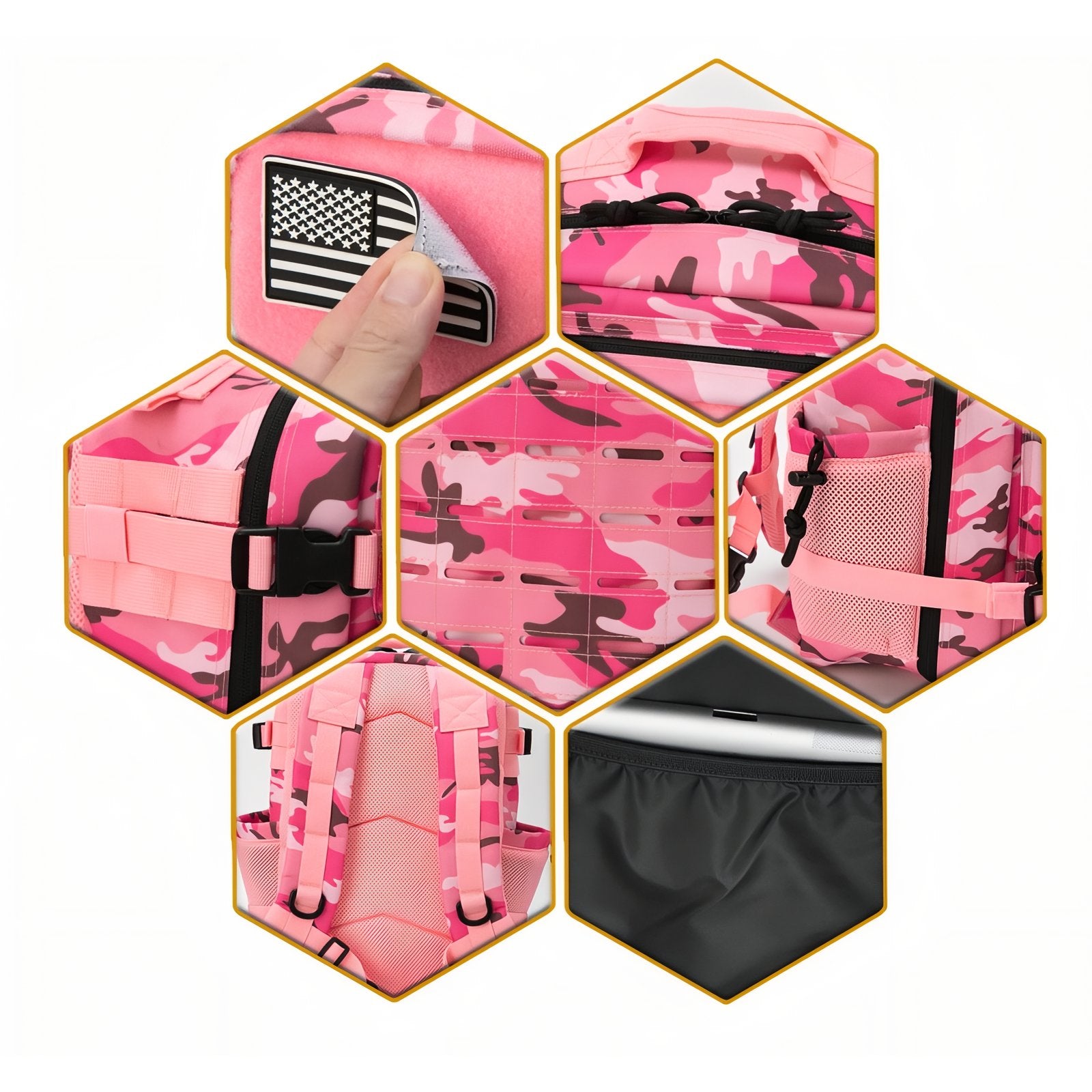 Sac à Dos Camouflage Rose 25L gros plan fermeture zippée - Rose