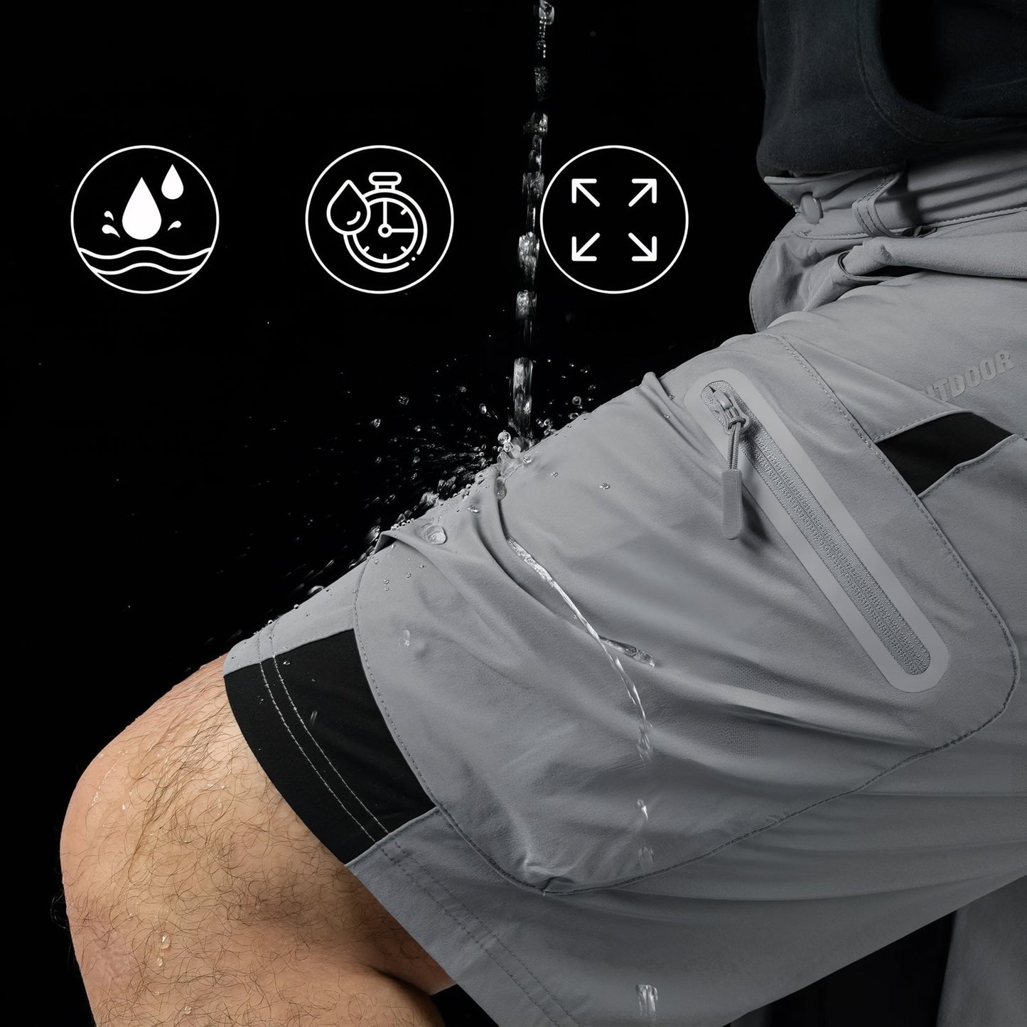 Short de Randonnée Homme Imperméable gros plan sur la matière - Bleu Cobalt - Beige - Vert Foncé - Gris Foncé - Gris Clair - Noir - Bleu Marine - Vert Fluo - Vert Menthe - Orange - Blanc - Rouge - Bleu - Bleu Ciel - Turquoise - Vert d'Eau