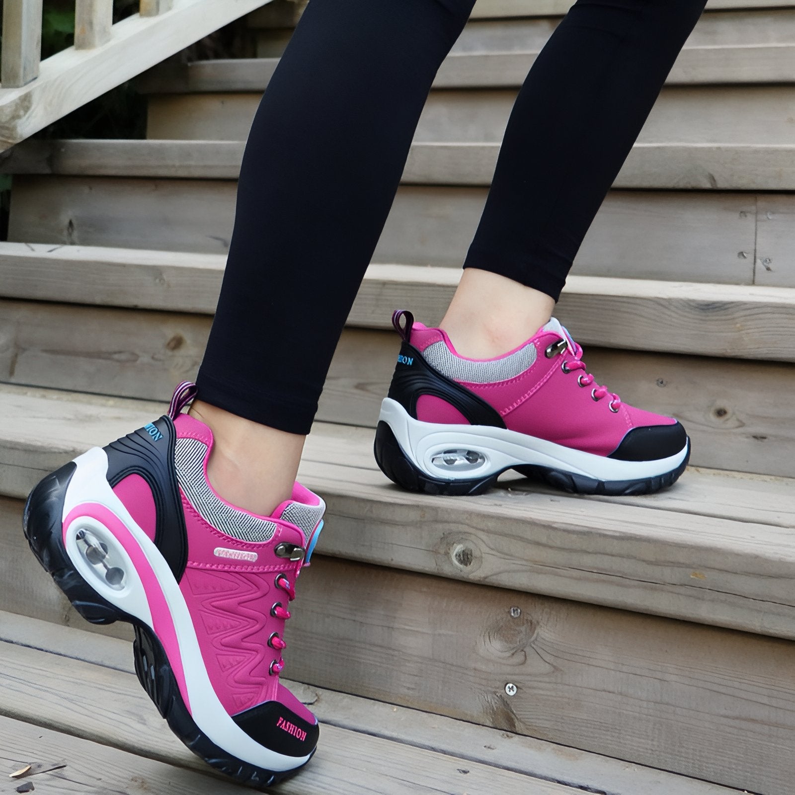 Basket Confortable Marche Femme portée en marchant - Violet Fuchsia - Noir et Rose - Rose et Noir