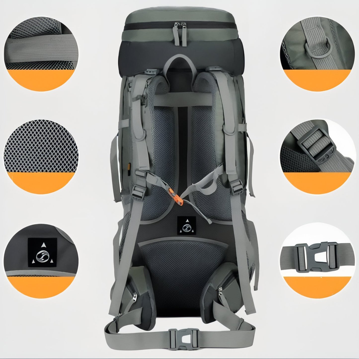 Sac à Dos Imperméable Randonnée 75L gros plan détails sangle - Vert Foncé - Bleu Marine - Bleu Océan - Noir