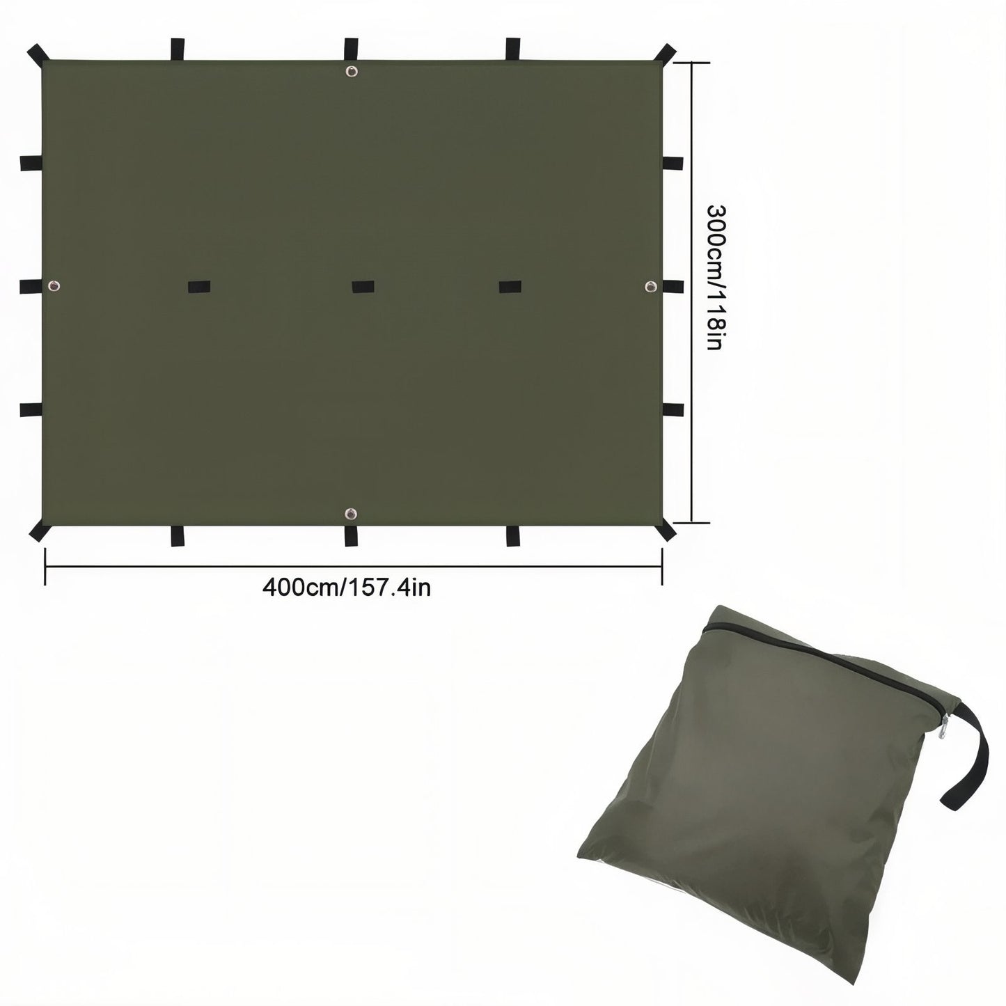 Bâche de Randonnée guide des dimensions - Vert Militaire - Vert - Noir - Beige