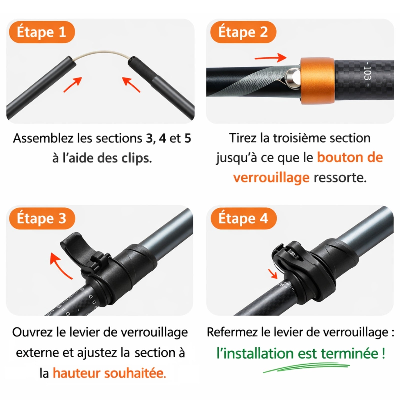 Bâton de Randonnée Pliable Carbone guide d'assemblage étapes - Noir - Gris