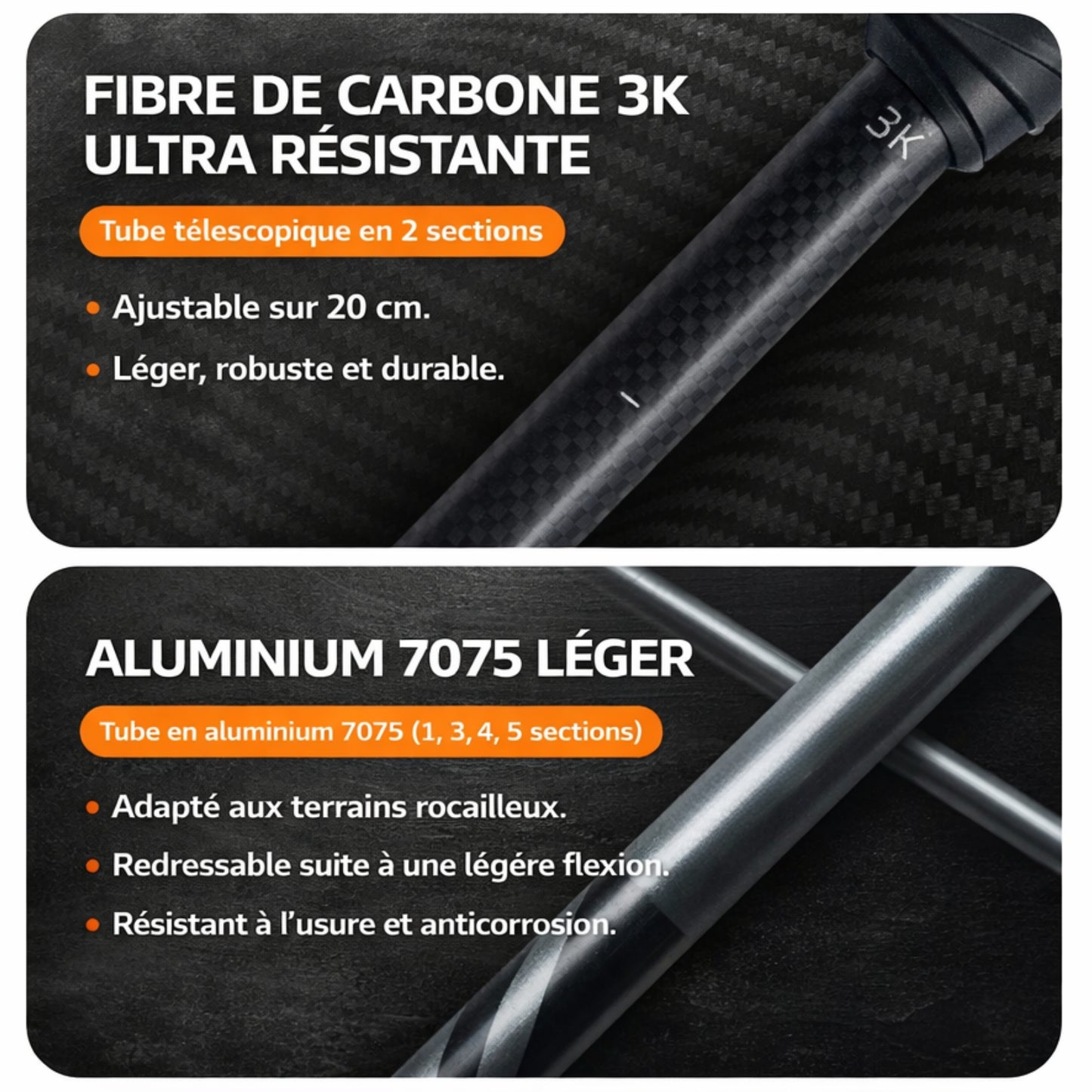Bâton de Randonnée Pliable Carbone détails matériaux tubes - Noir - Gris