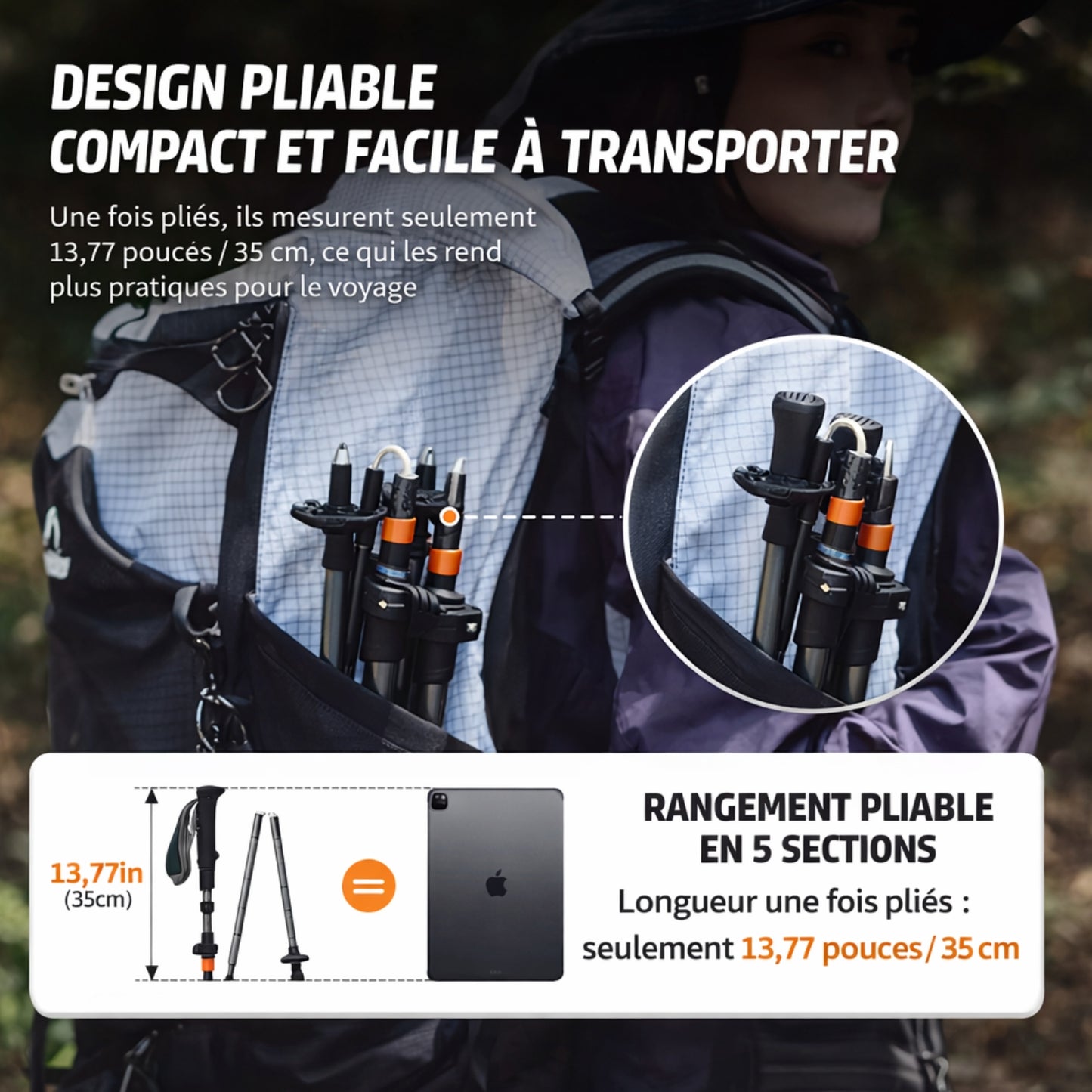 Bâton de Randonnée Pliable Carbone mise en situation sac à dos - Noir - Gris
