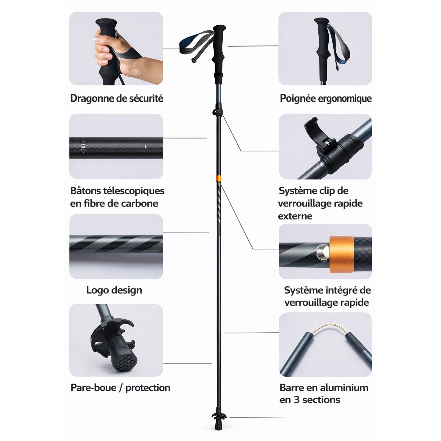 Bâton de Randonnée Pliable Carbone détails des fonctionnalités - Noir - Gris