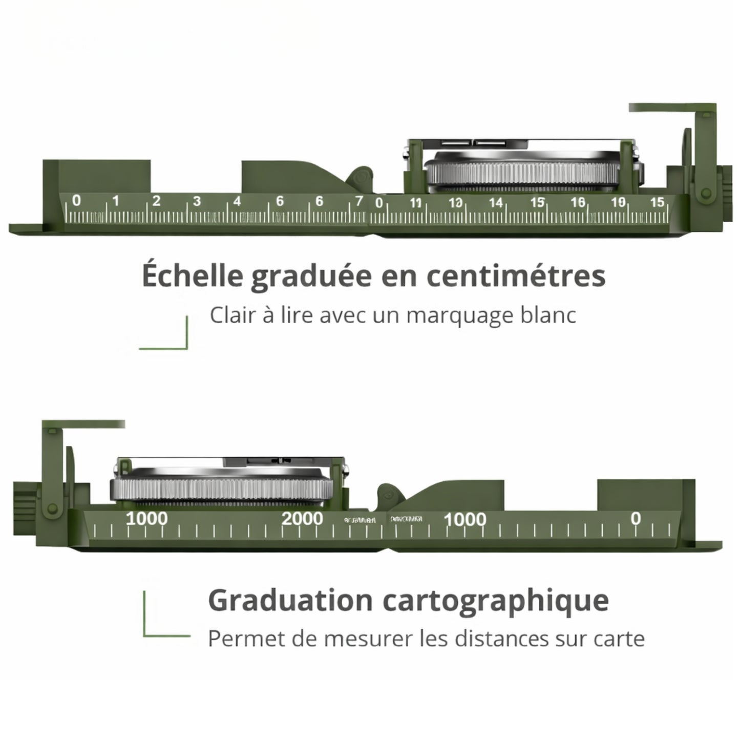 Boussole Multifonction avec Inclinomètre gros plan échelle graduée - Vert Militaire