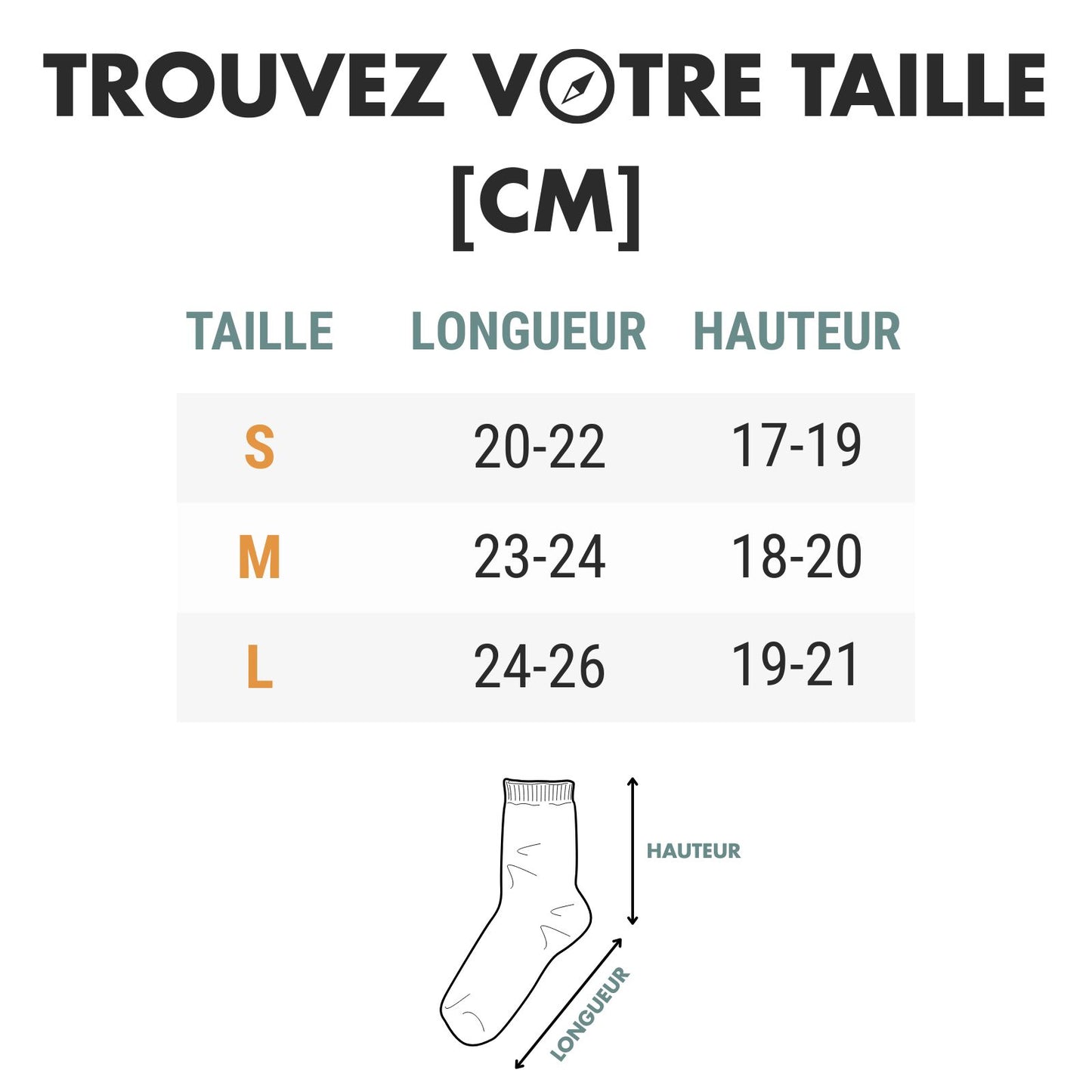 Chaussette Imperméable Randonnée guide des dimensions - Jaune Fluo - Orange - Noir et Gris - Noir Profond - Noir et Bleu Ciel - Bordeaux et Noir